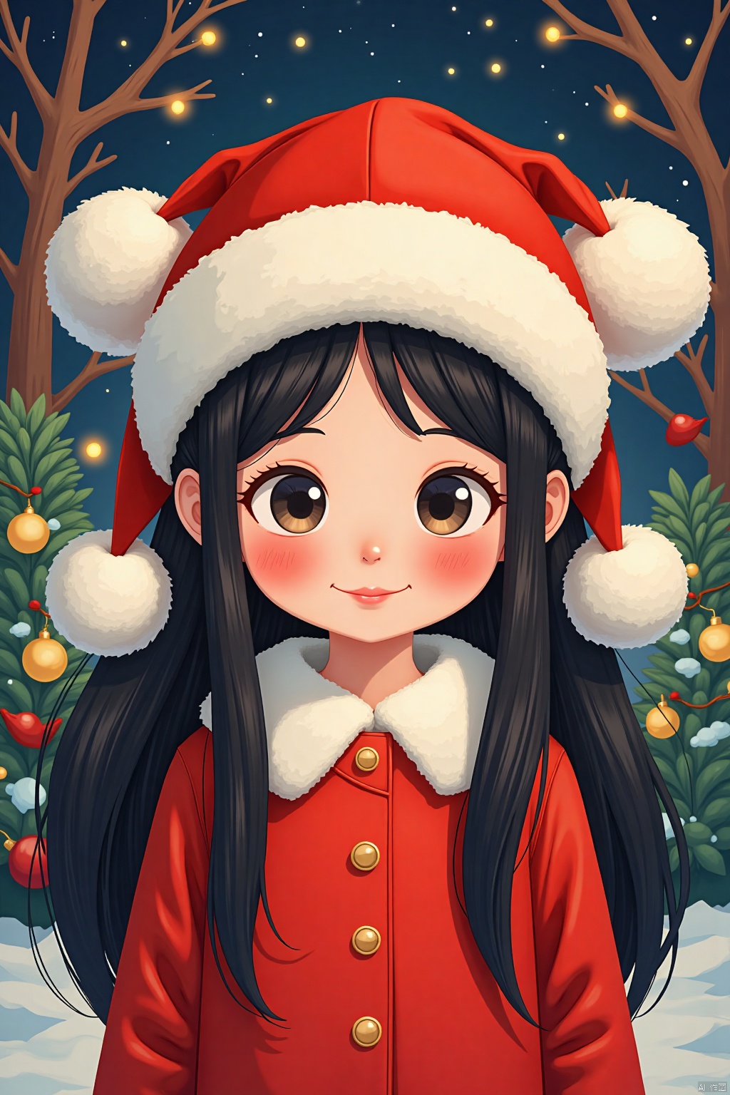 That Christmas Eve, a Chinese girl with long black hair, wearing a fluffy hat with two dangling pom-poms, was standing in front of a tree.