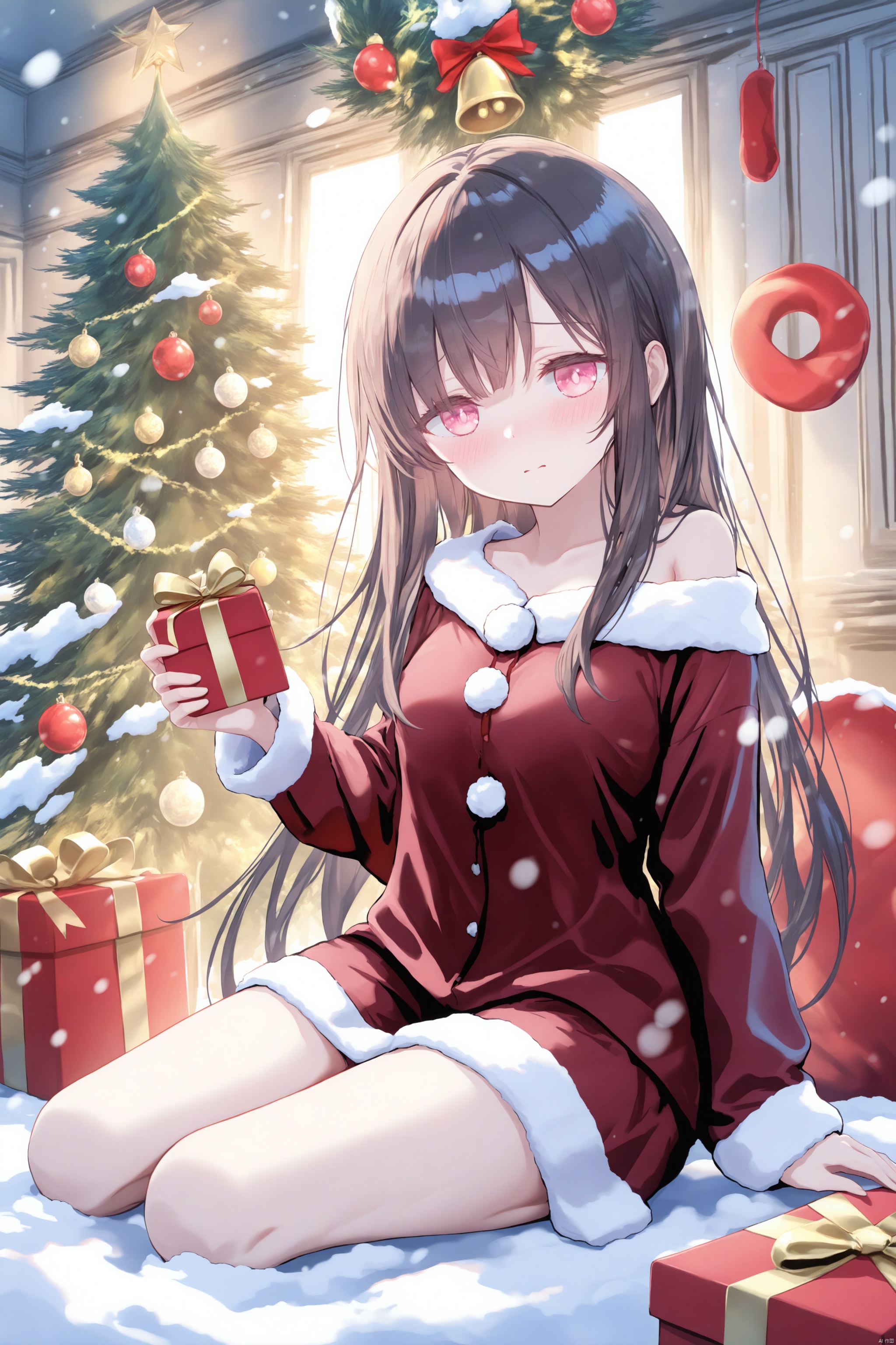 christmas,transparent,Torino,Goth_scenario,Melting,lightshadow,loli,white Straight hair,pink eyes,wallpaper.Shy expression.medium breasts.Girls wear Leaky shoulder Christmas pajamas.Outside on Christmas night, it was snowing.There is a beautiful Christmas tree beside the girl.In the snow in the wild.Bare Legs.The girl stood against the tree, holding a gift box in her hands.