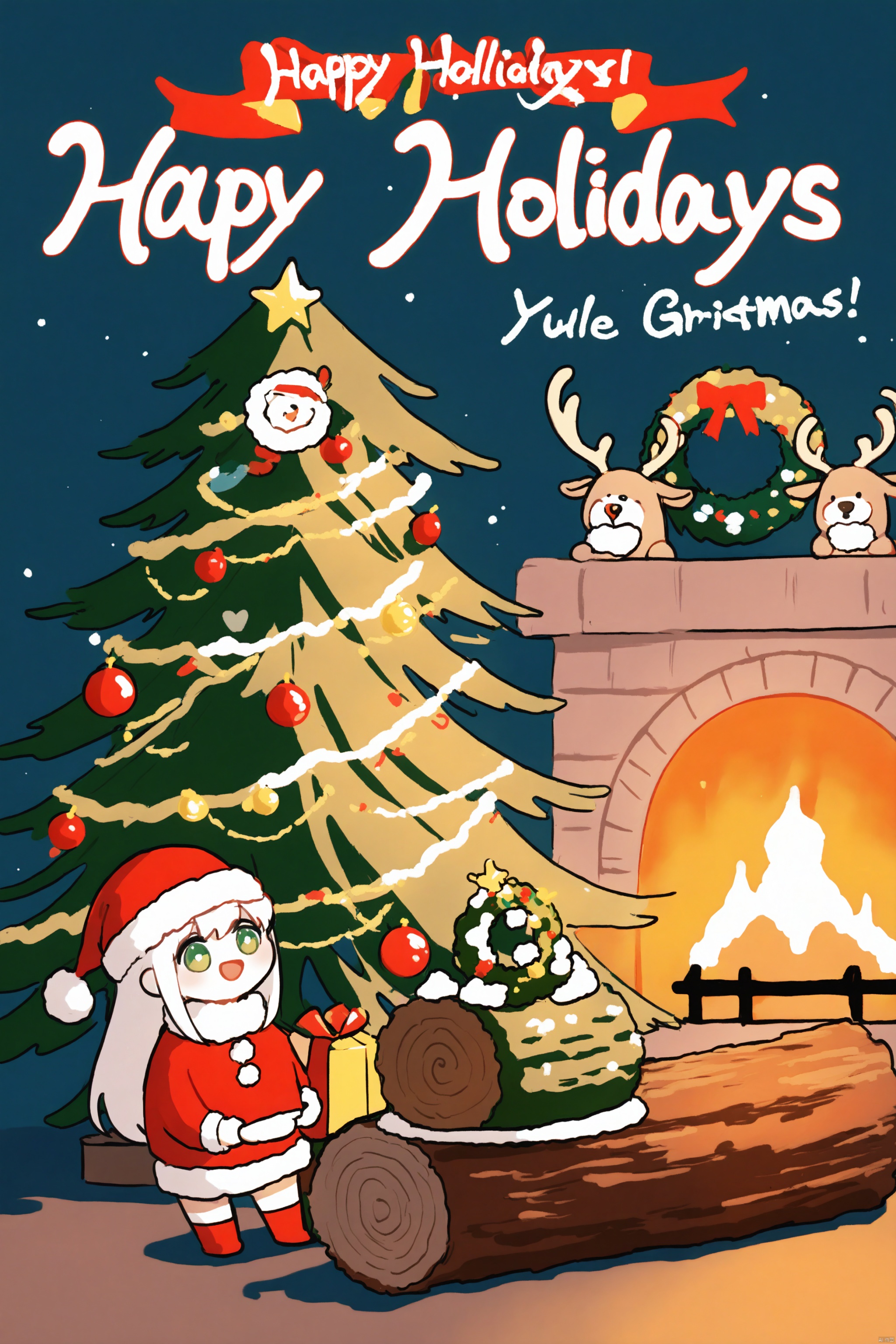 christmas,blue,juanyang,0,matcha,festive holiday scene,four characters,two in background,green sweater reindeer,brown sweater santa,foreground character seated,white hair green eyes,red outfit fur trim,decorated christmas trees,garlands wreath,table yule log,various holiday foods,happy holidays! text,pokiras artwork,reposting prohibited,group celebrating,Christmas together,at home,festive holiday scene,two in background,Santa outfit,cozy atmosphere,wreath,Yule log cake,Santa hat,four characters,reindeer antlers,Christmas decorations,garlands,Christmas tree,