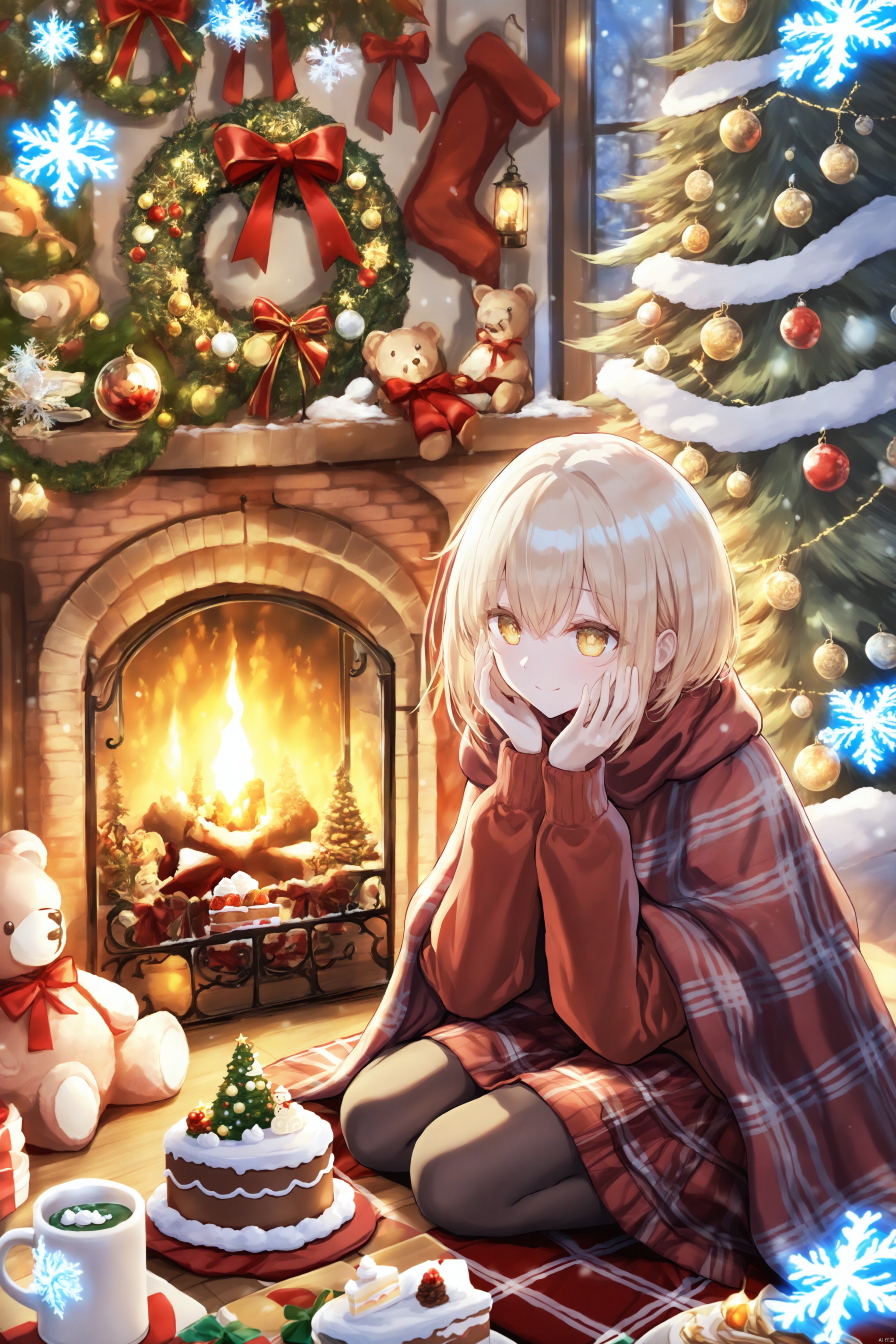 christmas,transparent,Torino,Goth_scenario,Melting,lightshadow,blonde anime girl,green red plaid blanket,Christmas cake,yellow eyes,red sweater snowflakes,holiday decorations,wreath above,fireplace behind,ornaments scattered,lantern nearby,Christmas tree inside,blonde anime girl,red sweater,red skirt,next Christmas cake,sitting floor,cozy Christmas scene,red sweater,snowflakes,festive decorations,near fireplace,decorated tree,snow globe,mug,Christmas cake,teddy bear,lantern,inviting,warm atmosphere,holiday spirit,