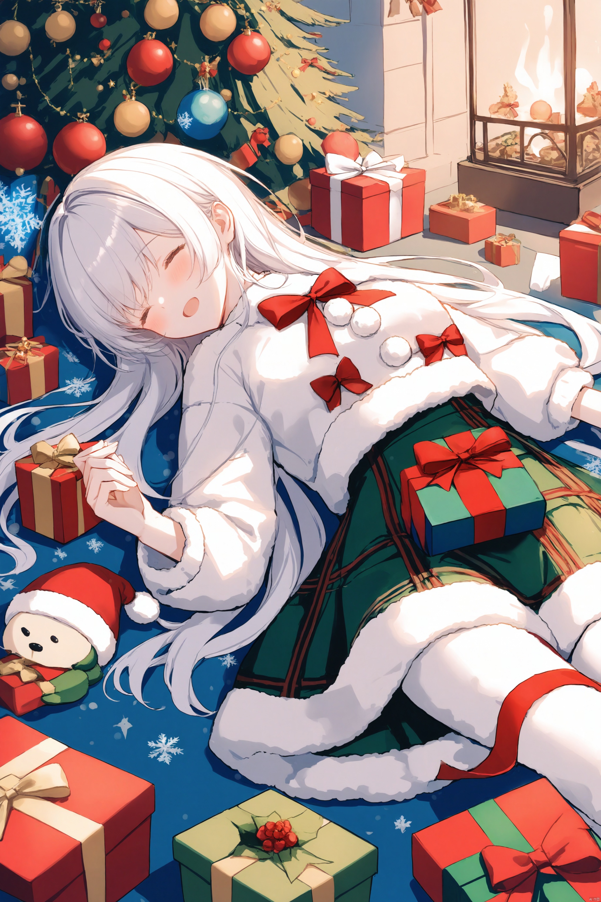 christmas,blue,juanyang,0,matcha,festive red and white outfit,lying on ground,surrounded by gifts,white fur trim,bows and pom-poms,holding small gift box,gifts scattered around,cozy celebratory atmosphere,soft warm light,woman laying,Christmas attire,surrounded presents,surrounded gifts,holding gift,holiday atmosphere,lying down,festive outfit,snowy scene,bows ribbons,