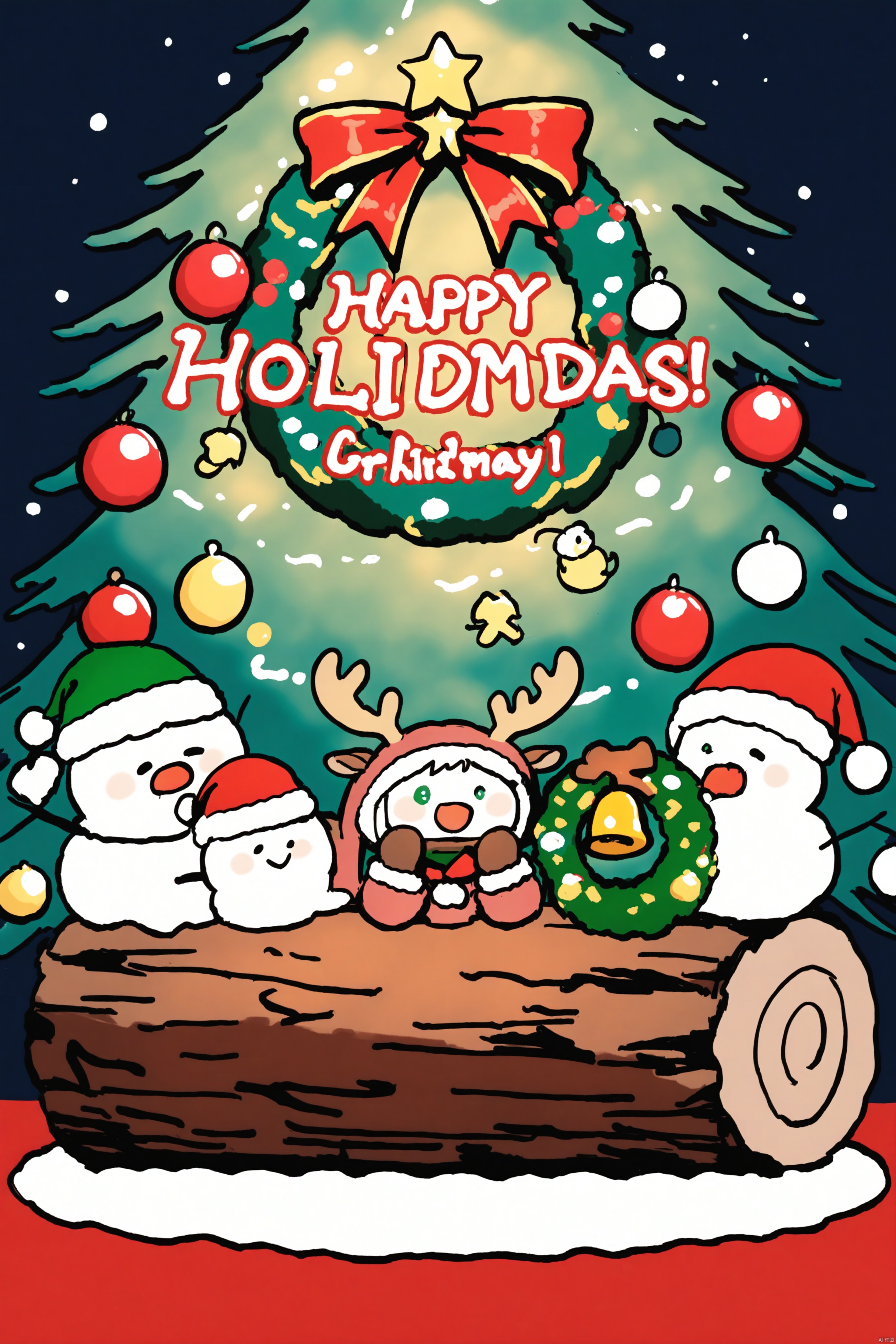 christmas,blue,juanyang,0,matcha,festive holiday scene,four characters,two in background,green sweater reindeer,brown sweater santa,foreground character seated,white hair green eyes,red outfit fur trim,decorated christmas trees,garlands wreath,table yule log,various holiday foods,happy holidays! text,pokiras artwork,reposting prohibited,group celebrating,Christmas together,at home,festive holiday scene,two in background,Santa outfit,cozy atmosphere,wreath,Yule log cake,Santa hat,four characters,reindeer antlers,Christmas decorations,garlands,Christmas tree,