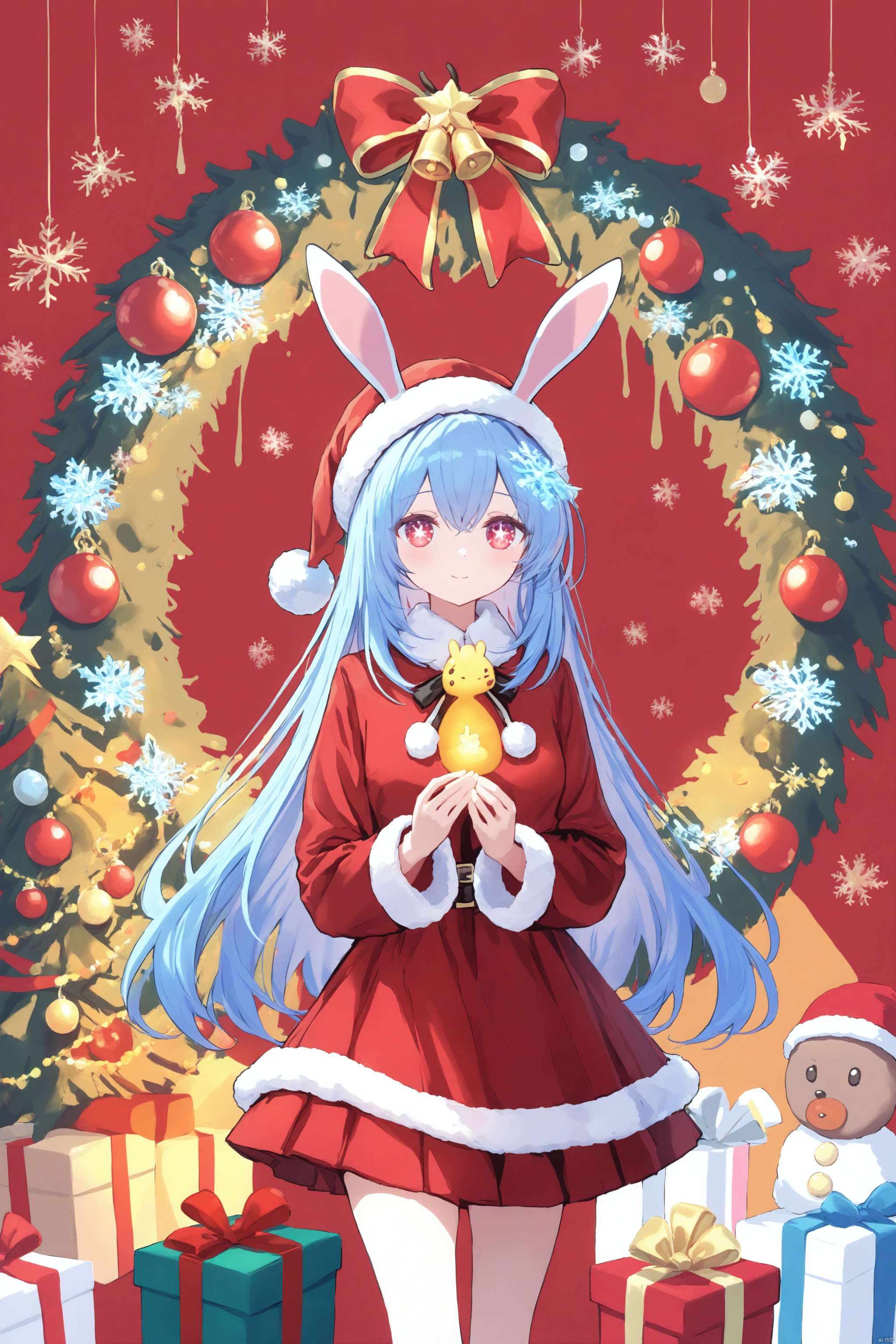 christmas,transparent,Torino,Goth_scenario,Melting,lightshadow,Girl as Santa,Christmas decor,Blue hair,Red outfit,Joyful look,Bottom left,Holiday items,Presents,Ornaments,Pinecones,Warm atmosphere,Inviting scene,Girl as Santa,Christmas decor,surrounded gifts,festive scene,bells stars snowflakes,gifts ornaments,bunny ear accessory,long dark hair,Santa hat,vibrant red green,Christmas decorations,Santa outfit,