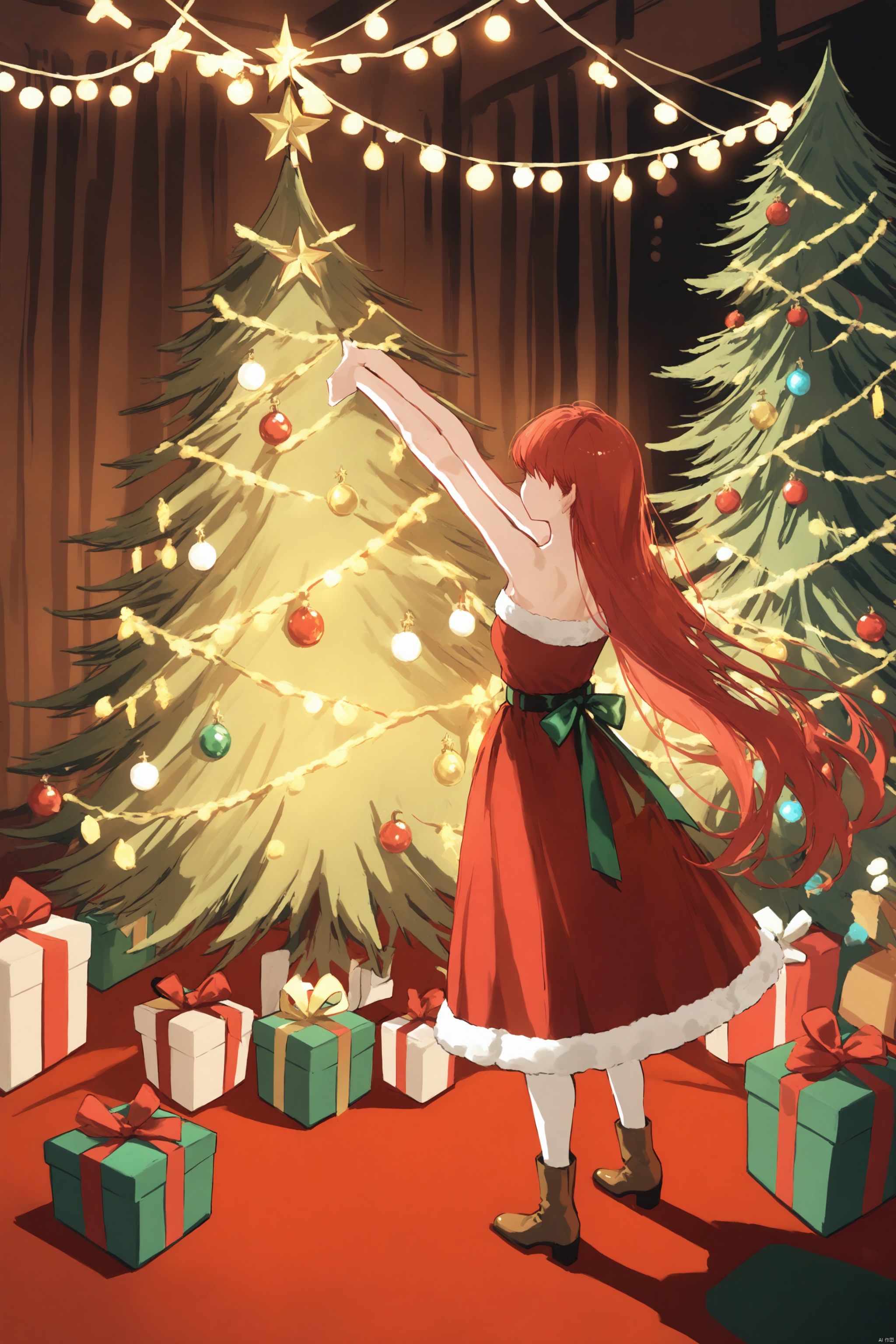 hewu,line,YHM,lengyu,christmas,festive christmas outfit,green with bows,gold accents,resembling tree,adorned string lights,long flowing hair,decorated christmas tree,vibrant cheerful scene,capturing christmas spirit,Red-haired anime girl,Tangled in lights,Dressed as Santa,Christmas decorations,festive Christmas outfit,adorned Christmas lights,stretching arms above,decorated Christmas tree,long flowing hair,green with red bows,