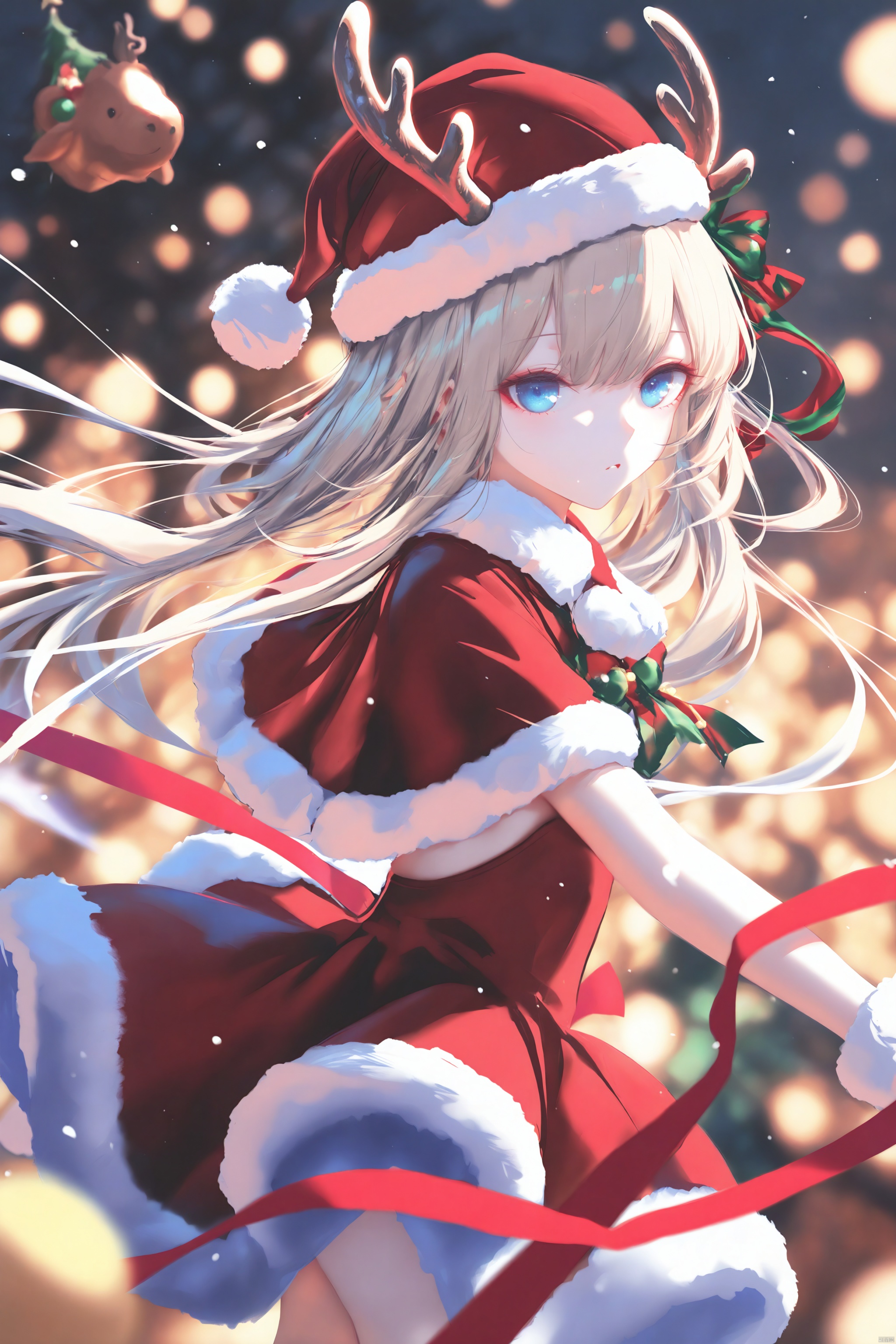 christmas,transparent,Torino,Goth_scenario,Melting,lightshadow,artist: wlop,artist:chen_bin,[[artist:ke-ta]],artist: sheya,artist: hitenkei,good work,(best quality),illustration,depth of field,(color),masterpiece,best quality,petite,cute,loli,elk,masterpiece,best quality,high quality,loli,1girl,horns,solo,Christmas hat,ribbon costumes,