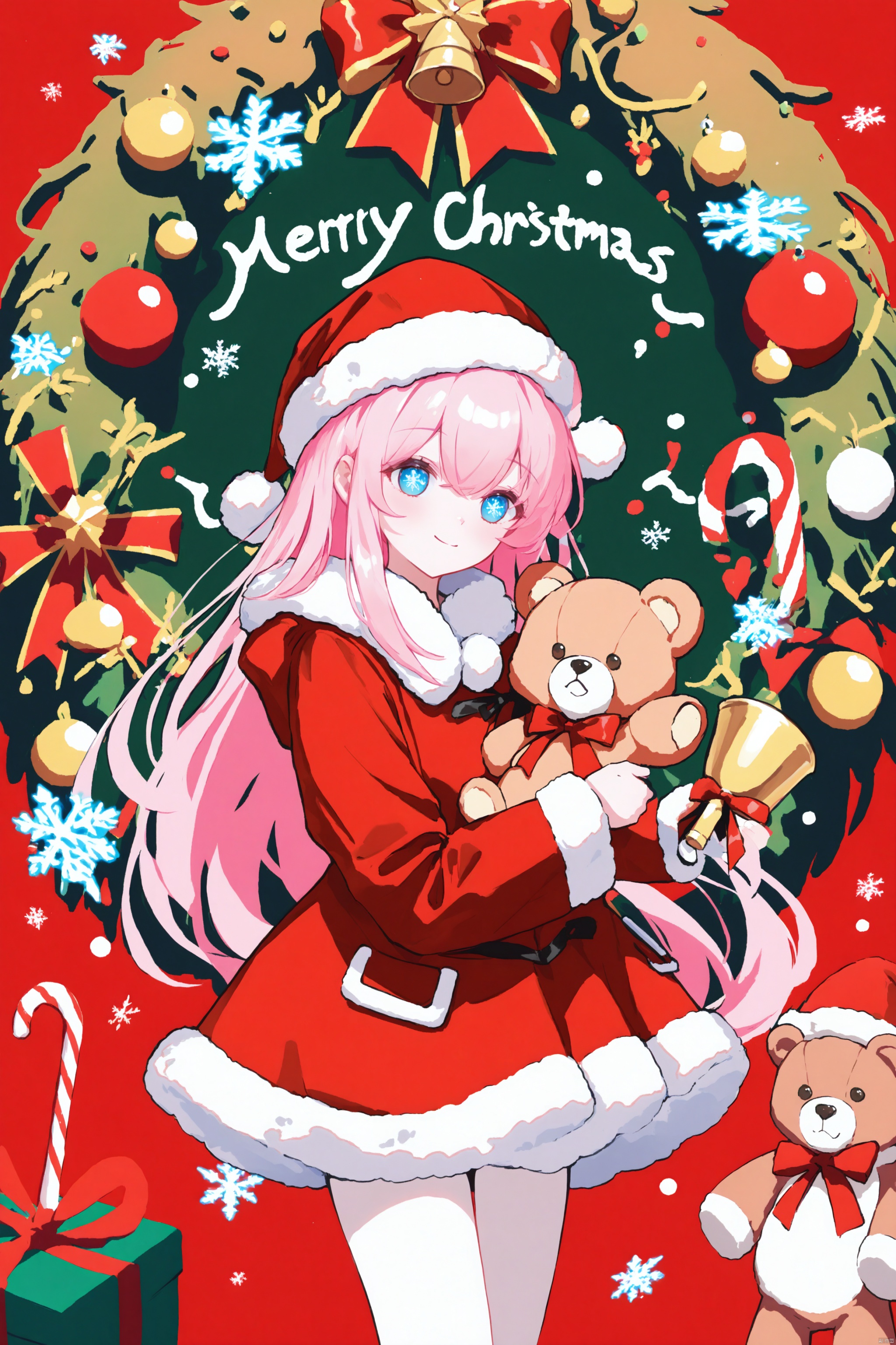 hewu,line,YHM,lengyu,christmas,pink hair,festive red coat,white fur trim,holding bell,holding teddy bear,teddy in outfit,holiday elements,candy canes,snowflakes,cheerful atmosphere,pink-haired girl,dressed Santa,holding bell,Christmas Day,hugging bear,pink hair,holding bell,holiday decorations,teddy bear,festive red coat,white fur trim,matching outfit,