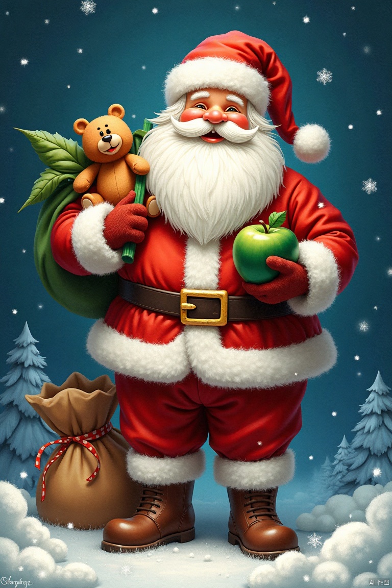 shengdanjie,Christmas,Santa Claus,
Captured at eye-level,
a medium-sized painting of Santa Claus,
dressed in a red and white Santa suit,,
adorned with a green apple and a brown teddy bear,
sitting in a brown bag,
holding a green gift box. The Santa Claus is adorned with white fur,
a white beard,
and a red hat. The background is a deep blue,
dotted with white snowflakes,
adding a festive touch to the scene.,

