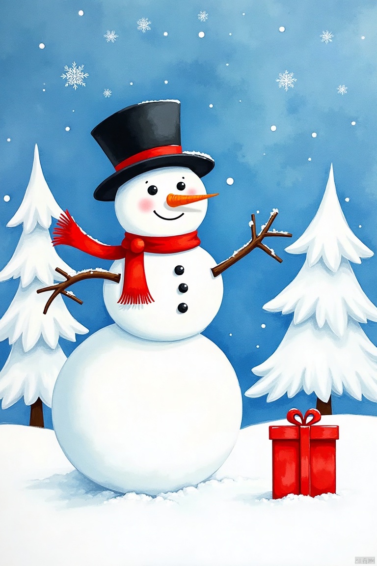 shengdanjie,Christmas,Santa Claus,
A watercolor painting of a snowman wearing a black top hat and a red scarf. The snowman is standing on a snow covered ground. There is a red gift in front of the snowman. There are white trees behind the snow man. The sky above the snow is blue with white dots on it.


