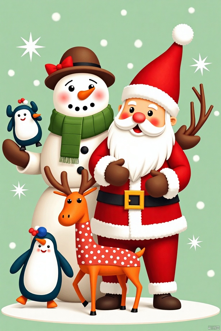 shengdanjie,Christmas,Santa Claus,
A medium-sized painting of Santa Claus,a snowman,and a reindeer. The Santa Claus is wearing a red suit with a white beard and a red hat. The snowman is dressed in a green scarf and a brown hat with a red bow on it. He is holding a blue and white penguin in his hand. The reinde is wearing red and white polka dots. The background is a light green color with white dots.


