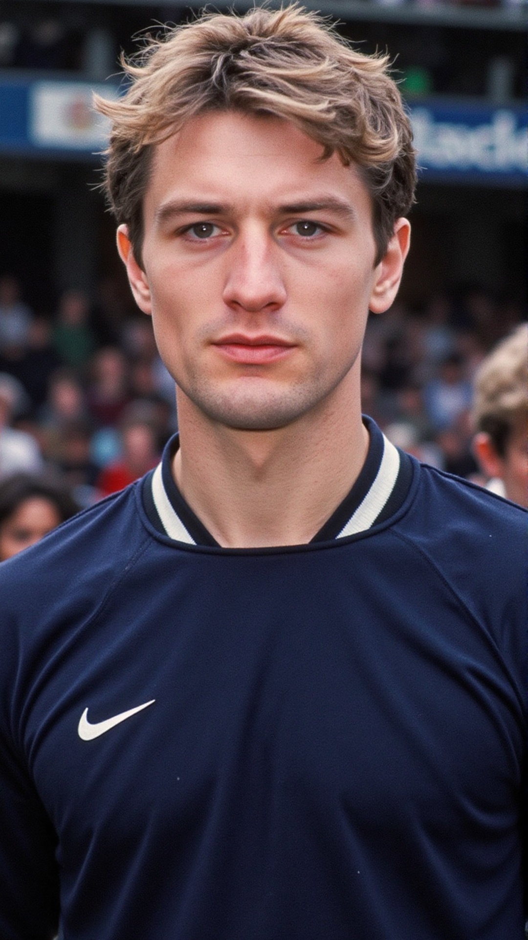 a 2000s paparazzi photo of a 18 years old handsome young man,  he is wearing a tight dark blue soccer jersey. He is very a...