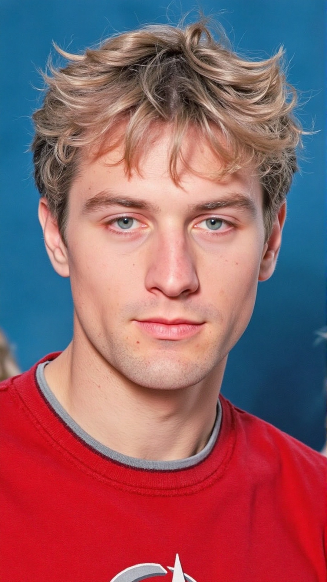 Senior High School Yearbook Photo: A close-up portrait image of a handsome male model with bleached hair and defined jawli...