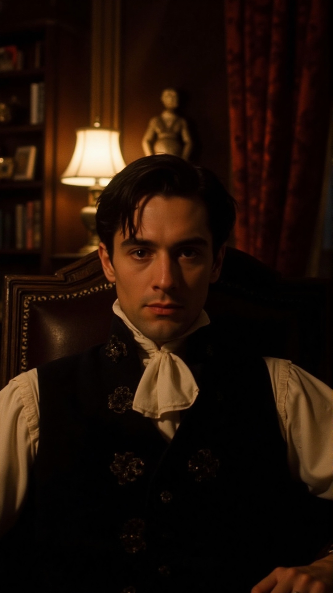 A cinematic portrait of a young 19th-century nobleman,  his sharp,  handsome features framed by jet-black hair that falls...