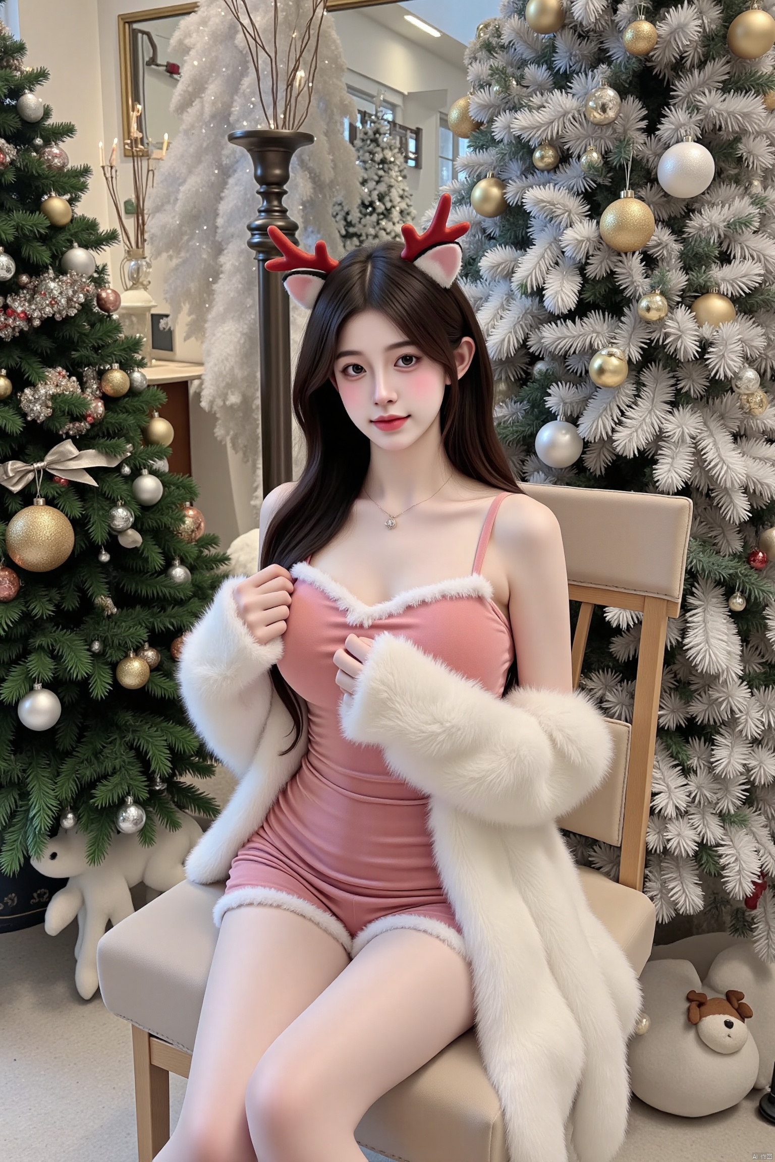 Girls, solo, Long legs, Christmas, sitting, long hair, looking at the audience, off-the-shoulder, hair accessories, jewelry, bare shoulders, cleavage, dress, lips, brown hair, off-the-shoulder dress, necklace, indoors, brown eyes, black hair, chair, antlers, Christmas ornaments, snow, bells, Christmas gown, standing