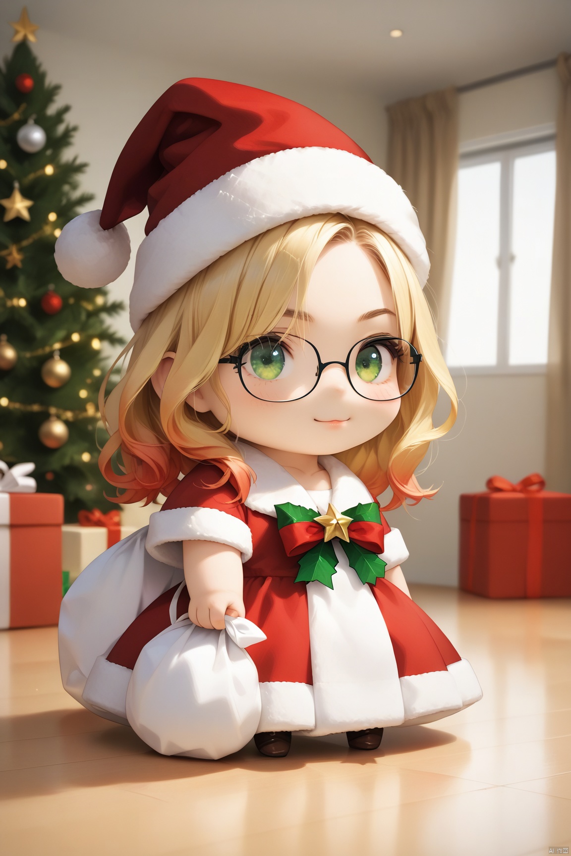 score_9_up,score_8_up,score_7_up,(Masterpiece, Best Quality, Photorealistic, High Resolution, 8K Raw), 
1girl,blonde,green eyes,,padoru,left, ,hachi,chibi,room,gradient hair,,semi-rimless eyewear, Christmas tree,gift bag,bb,open mouth,Padoru