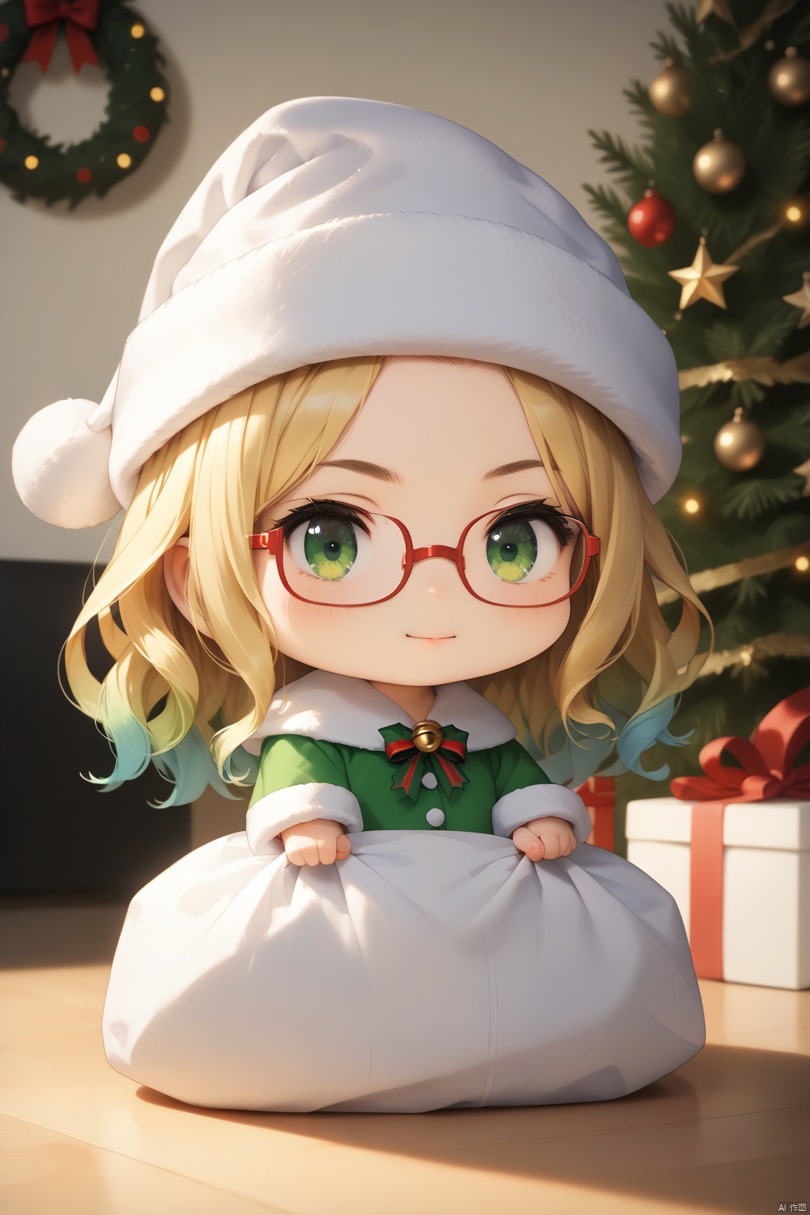 score_9_up,score_8_up,score_7_up,(Masterpiece, Best Quality, Photorealistic, High Resolution, 8K Raw), 
1girl,blonde,green eyes,,padoru,left, ,hachi,chibi,room,gradient hair,,semi-rimless eyewear, Christmas tree,gift bag,bb,open mouth,Padoru