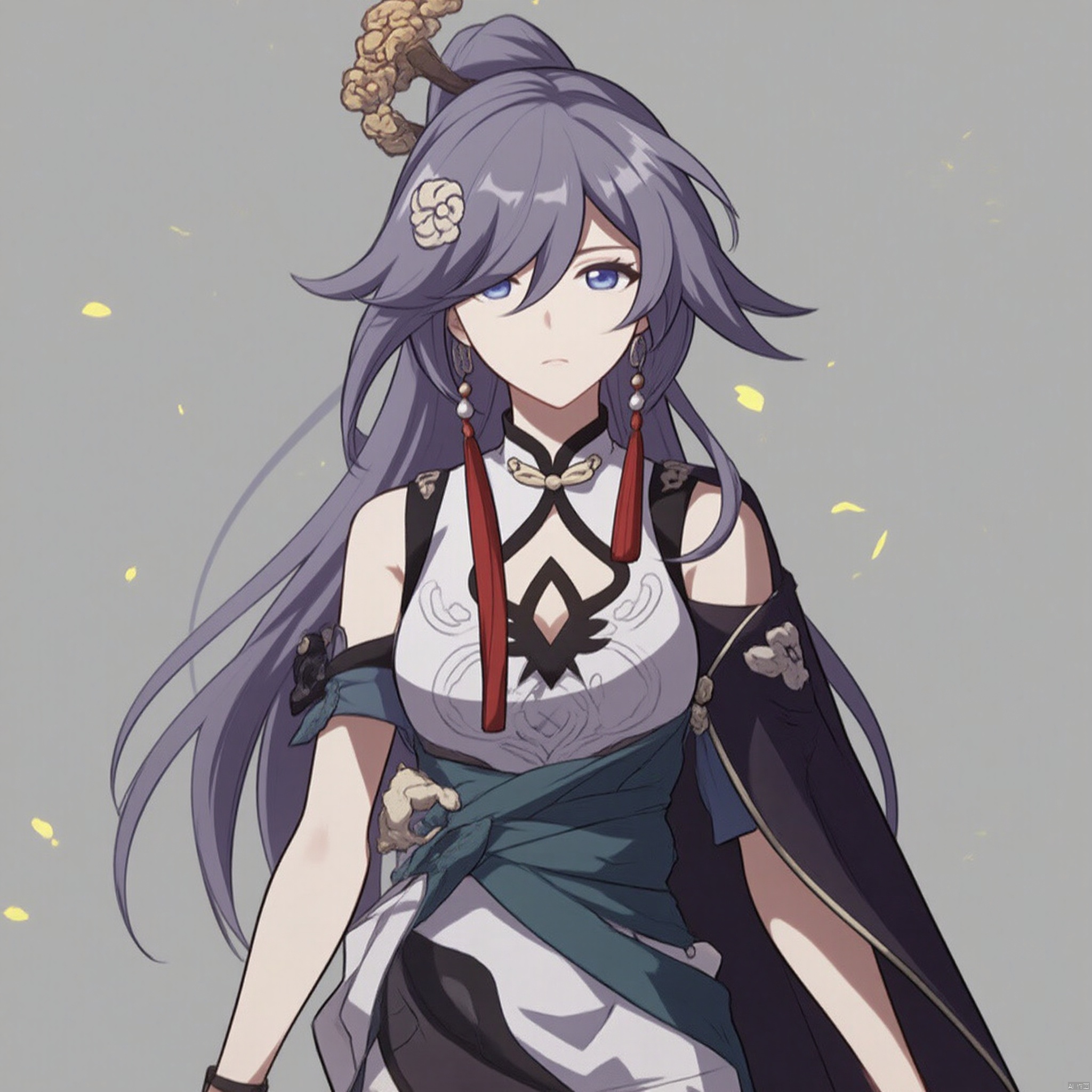 (grey background:1.2),looking at viewer,(SOLO:1.4),outline,simple background,,looking at viewer,(((arms at side))),fu hua,fu hua mangaver,long hair,ponytail,bangs,hair ornament,blue eyes,hair over one eye,jewelry,earrings