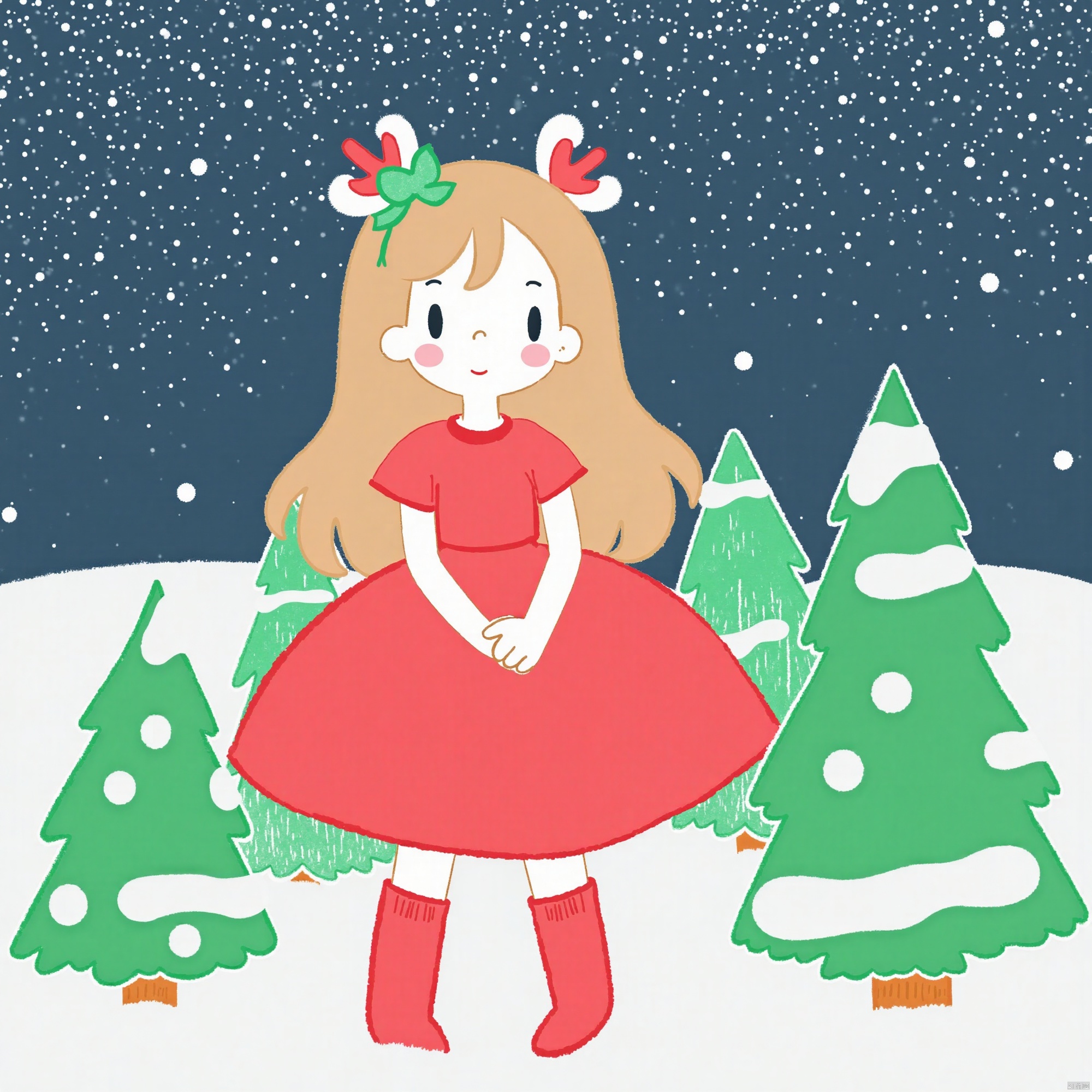1 girl, wearing Christmas clothes, red socks, Christmas antlers, hair accessories, long hair, socks, snow, heavy snow, Christmas tree, tree, red skirt, skirt, red short sleeves, exposed navel,red&green,Flat illustration style, stick figure,Kawaii
