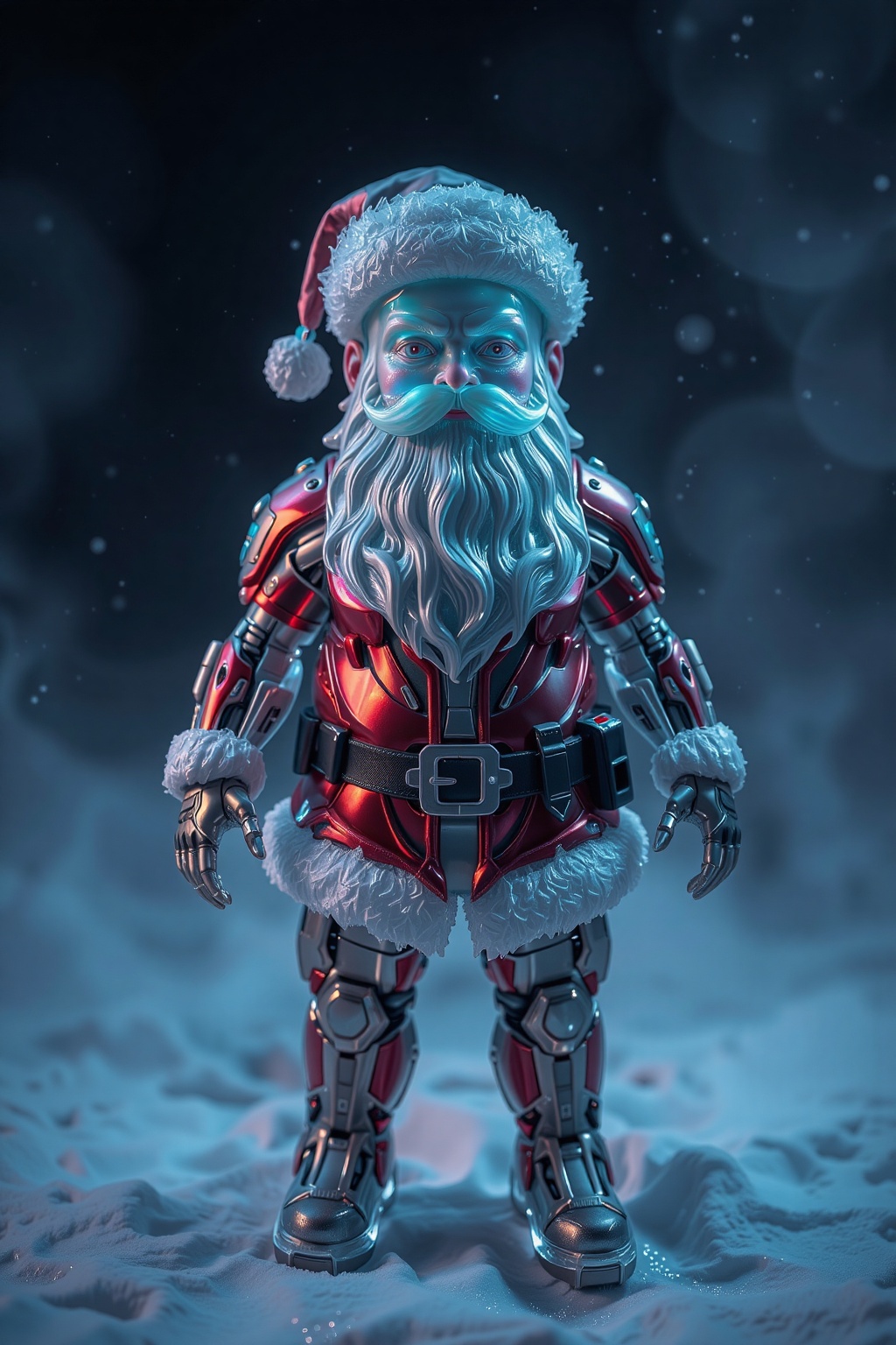 Cool color palette. Fine art photography of an adorable,  charming ice sculpture of Santa Claus with delicate features and...