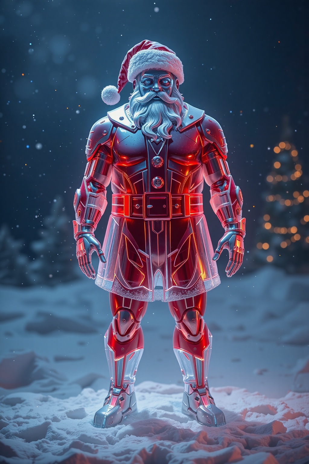 A masterful ice sculpture of Santa Claus,  intricately carved with delicate features and a twinkling expression. The ice g...