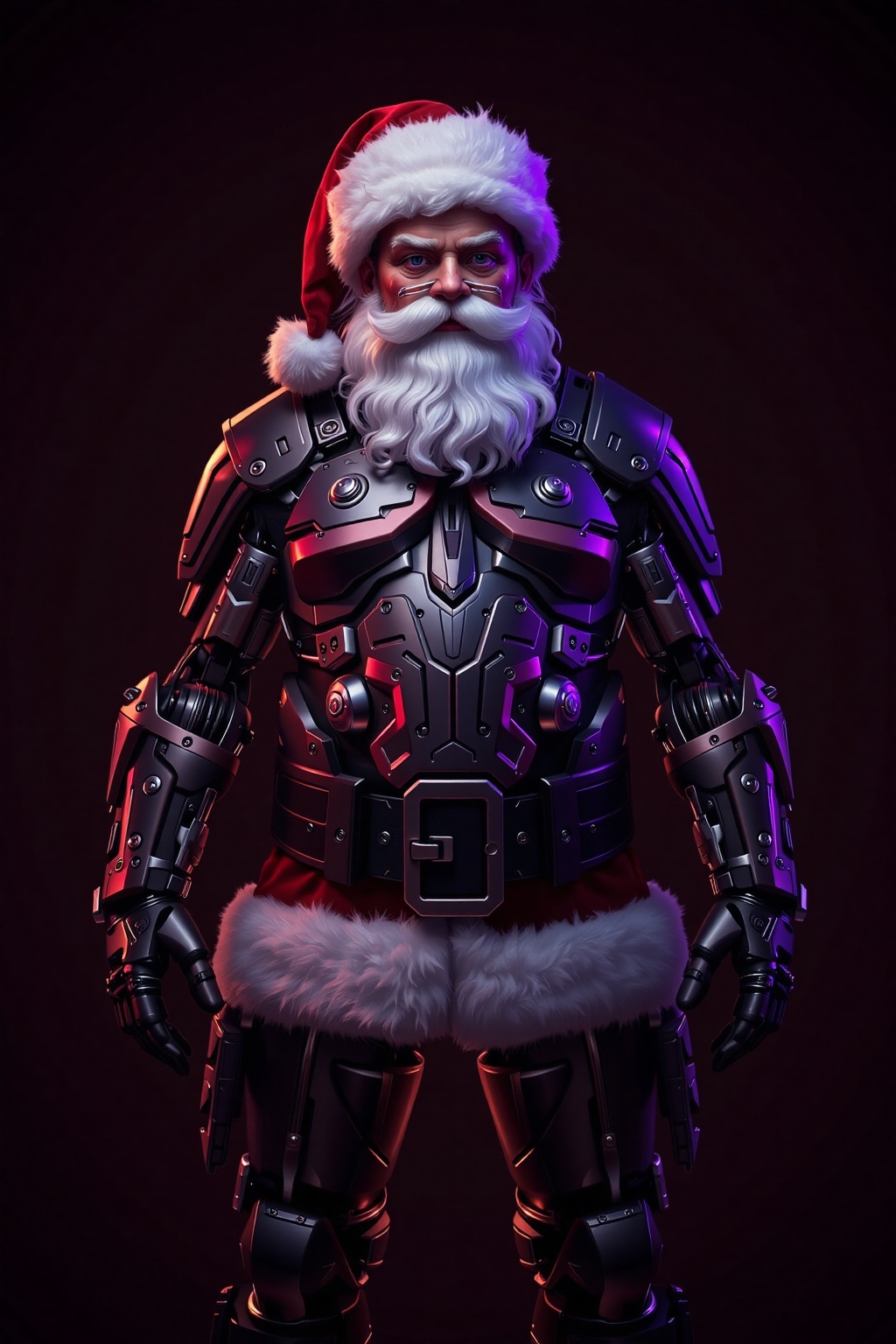 A professional-style photograph,  in an unusual fine art style,  depicts a cybernetically enhanced Santa Claus. Warm on Te...