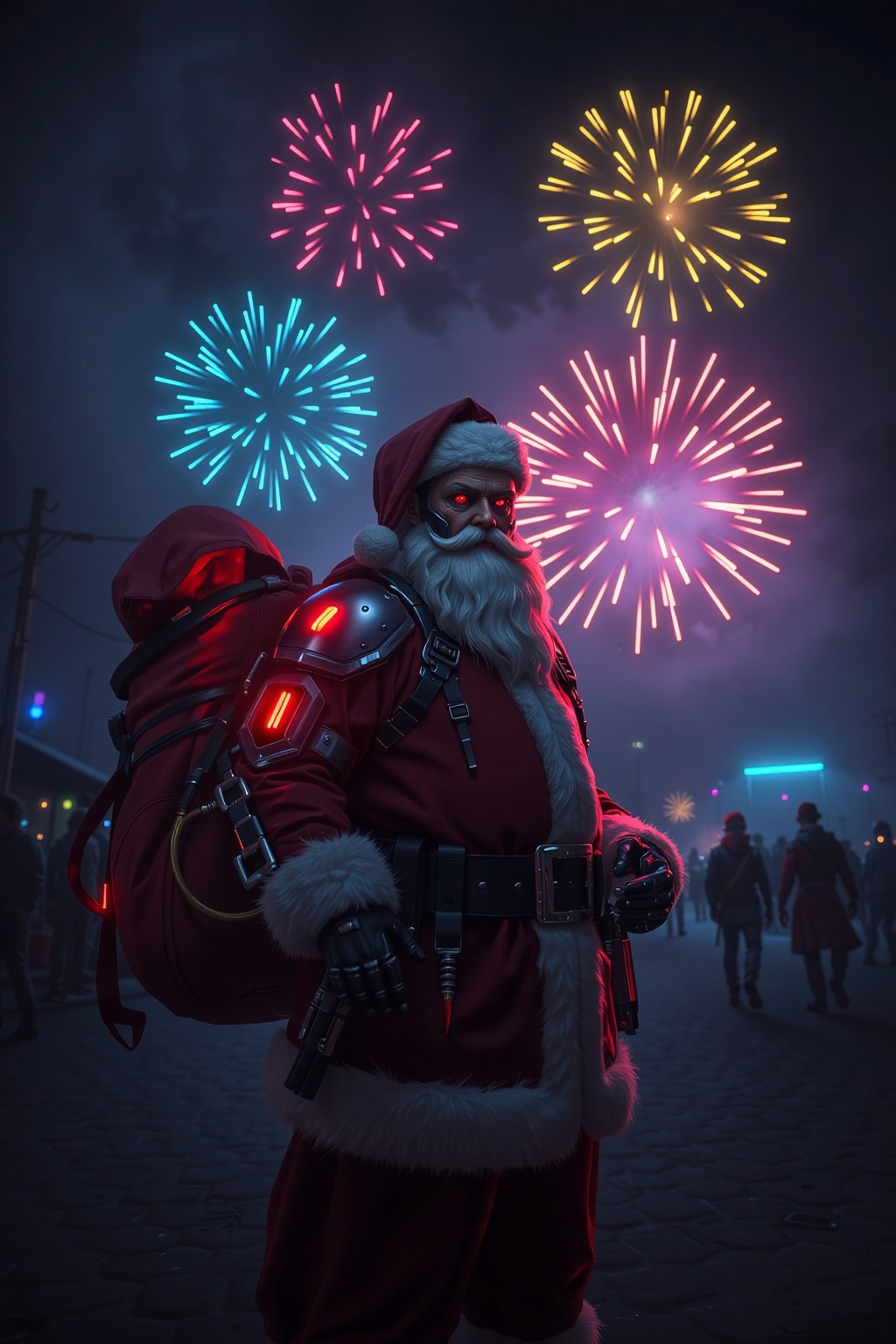 Cyberpunk Santa Claus,  eerie creepy atmosphere,  dark tones on Tensor.Art
