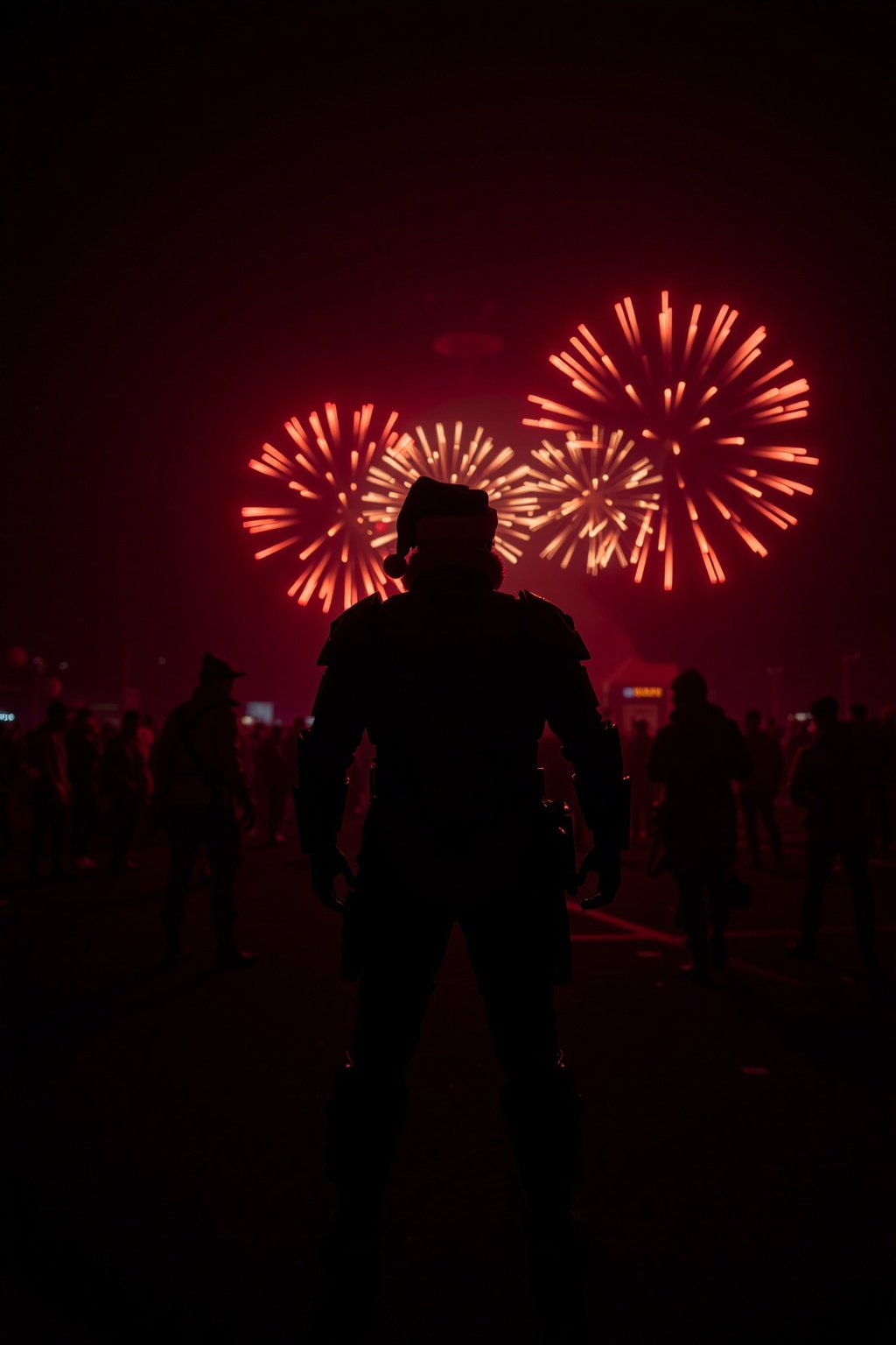 Silhouetted backlighting,  intense jet black,  cyberpunk Santa Claus watching fireworks on Tensor.Art