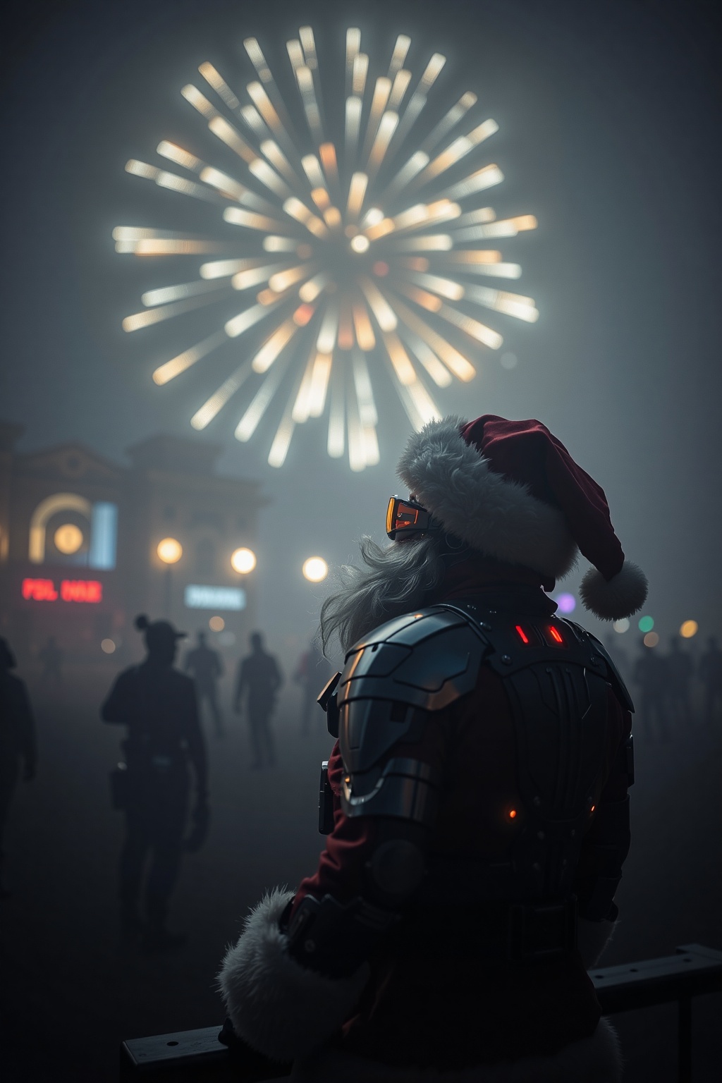 Soft cinematic haze,  blurred bokeh effect,  sharply focused cyberpunk Santa Claus observing fireworks on Tensor.Art