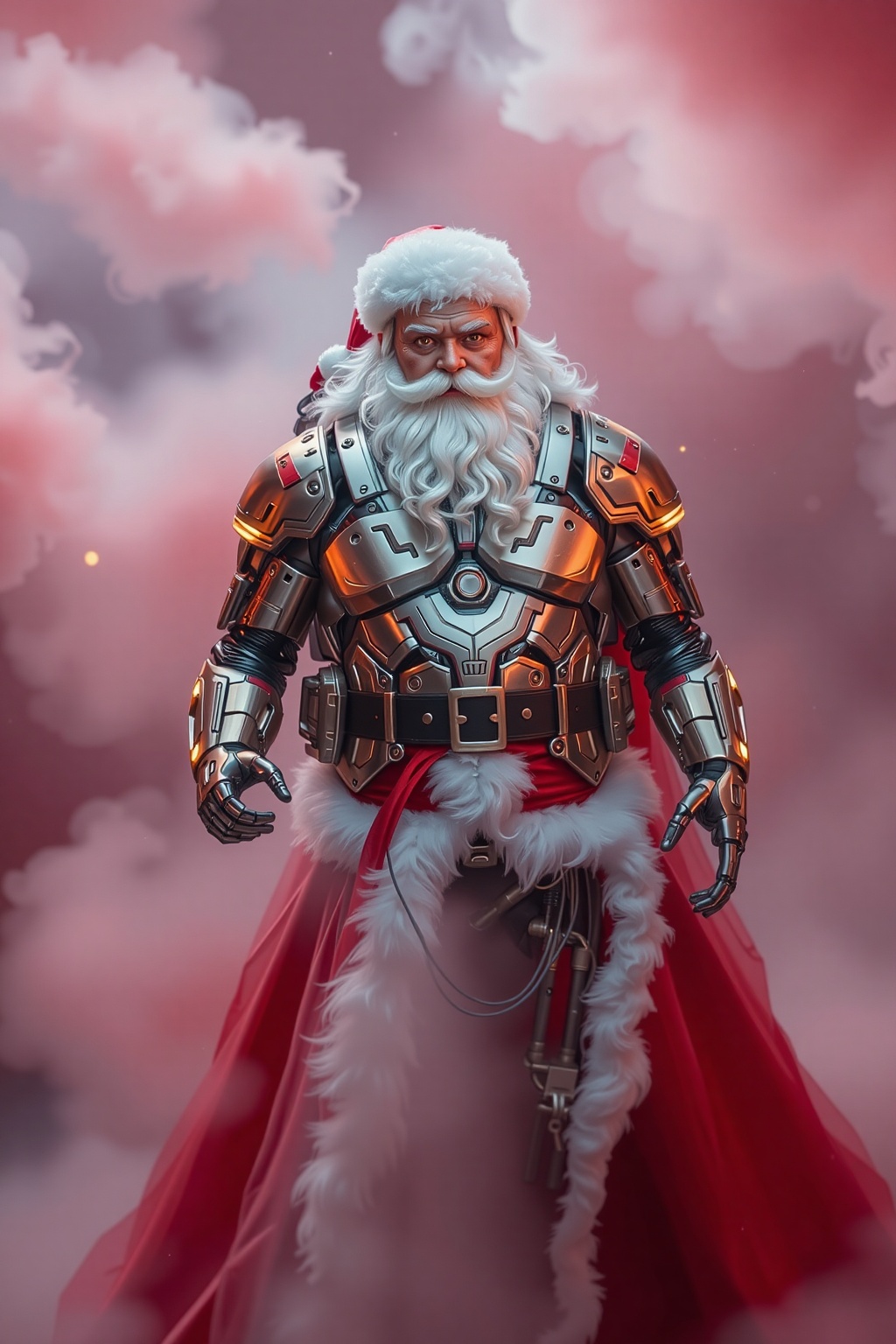 Soft pastel colors,  long exposure photograph: a cybernetic Santa Claus in shimmering cyberpunk style,  metallic armor on...