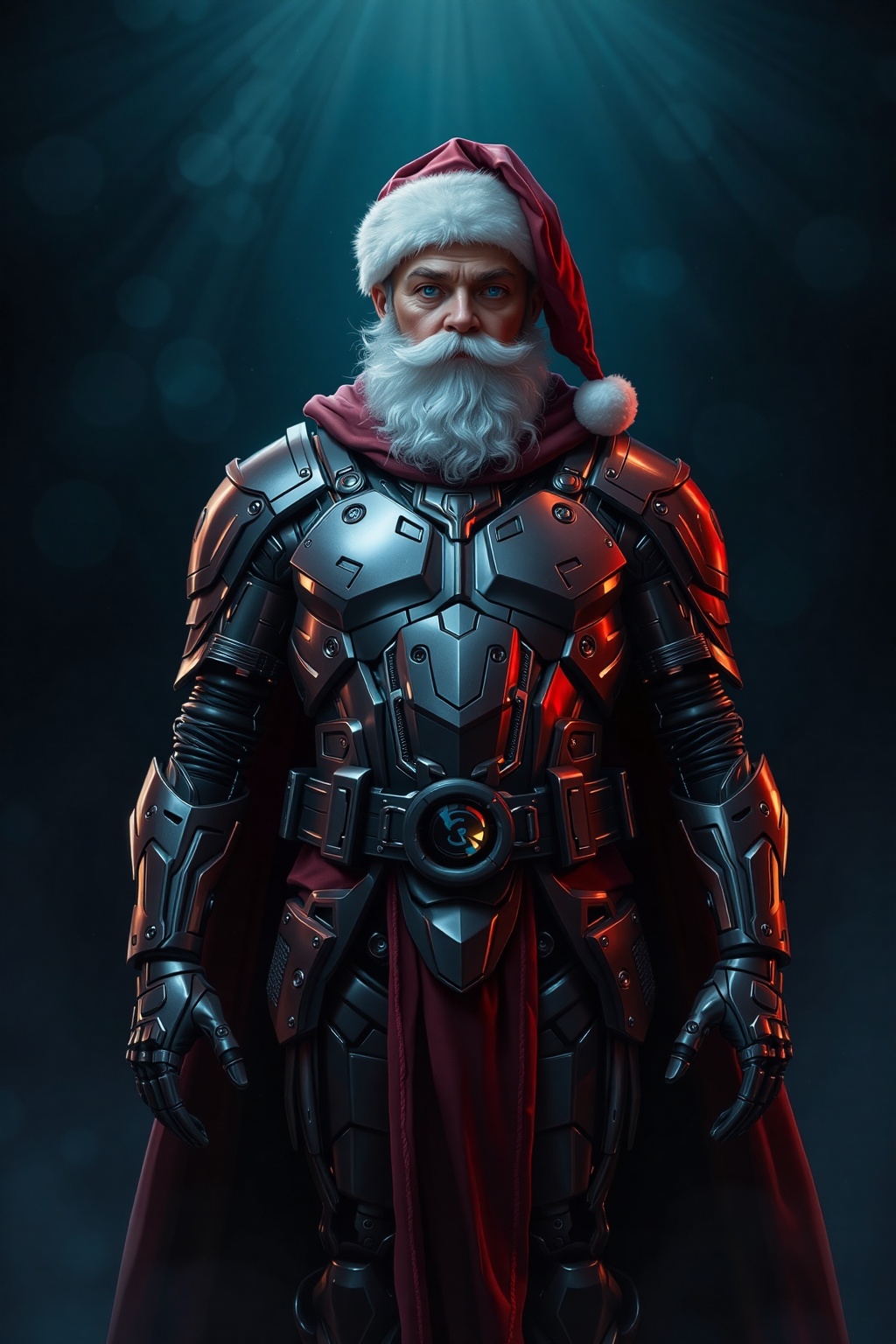 A digital painting featuring intense dramatic lighting and rich deep teal. A cybernetically enhanced Santa Claus in shimme...