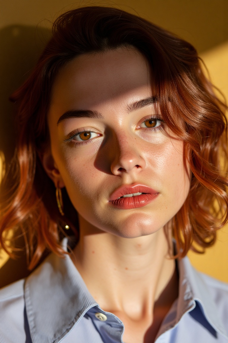High resolution close-up portrait of a young woman with vibrant auburn hair,  naturally styled and slightly tousled,  and...