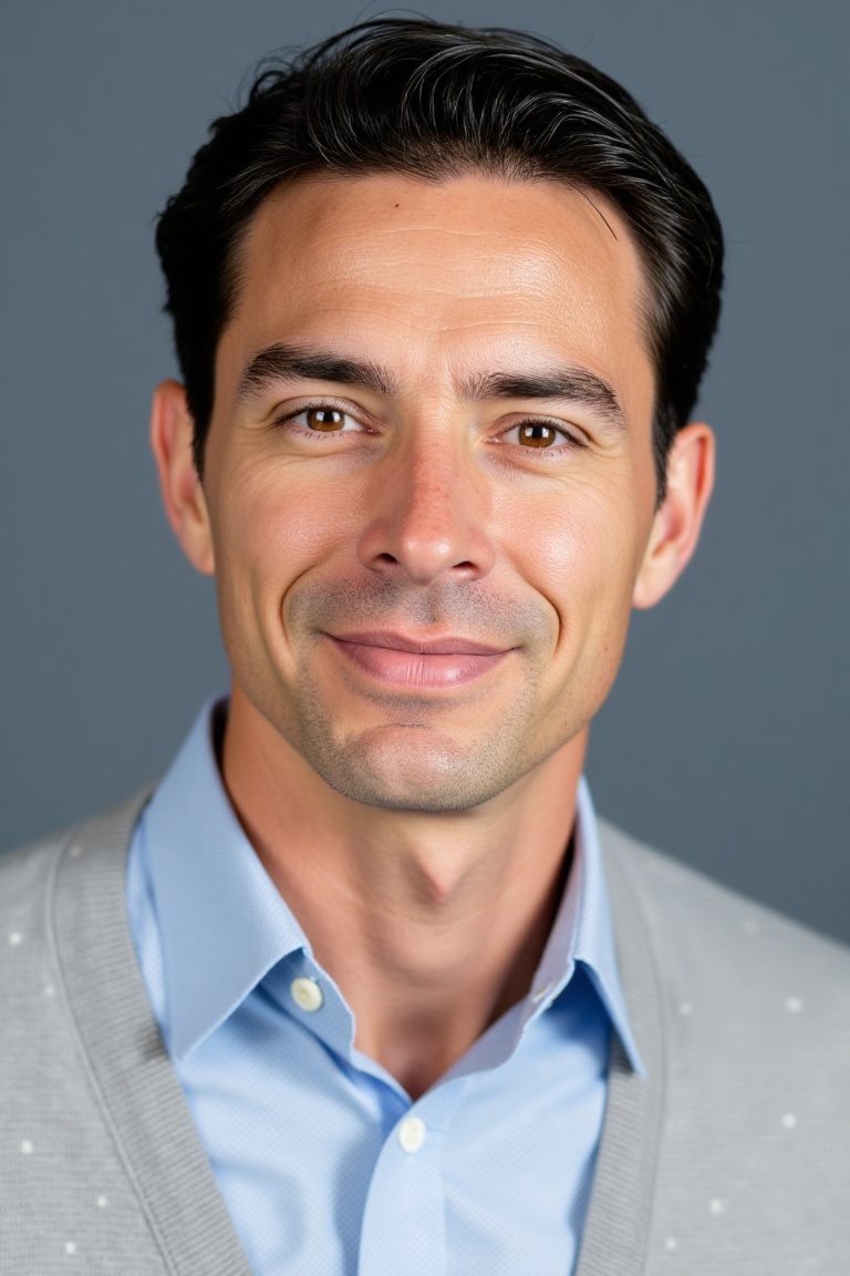 High resolution Close-up portrait of a light-skinned man in his 30s. He has short,  dark hair neatly styled,  and a neutra...