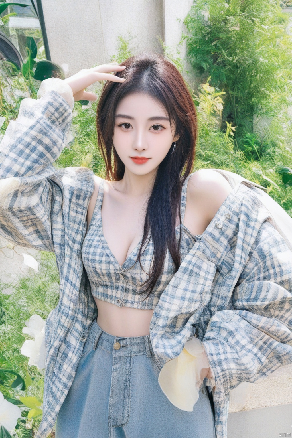 1girl,Checkered shirt, shorts,half body,The unbuttoned button