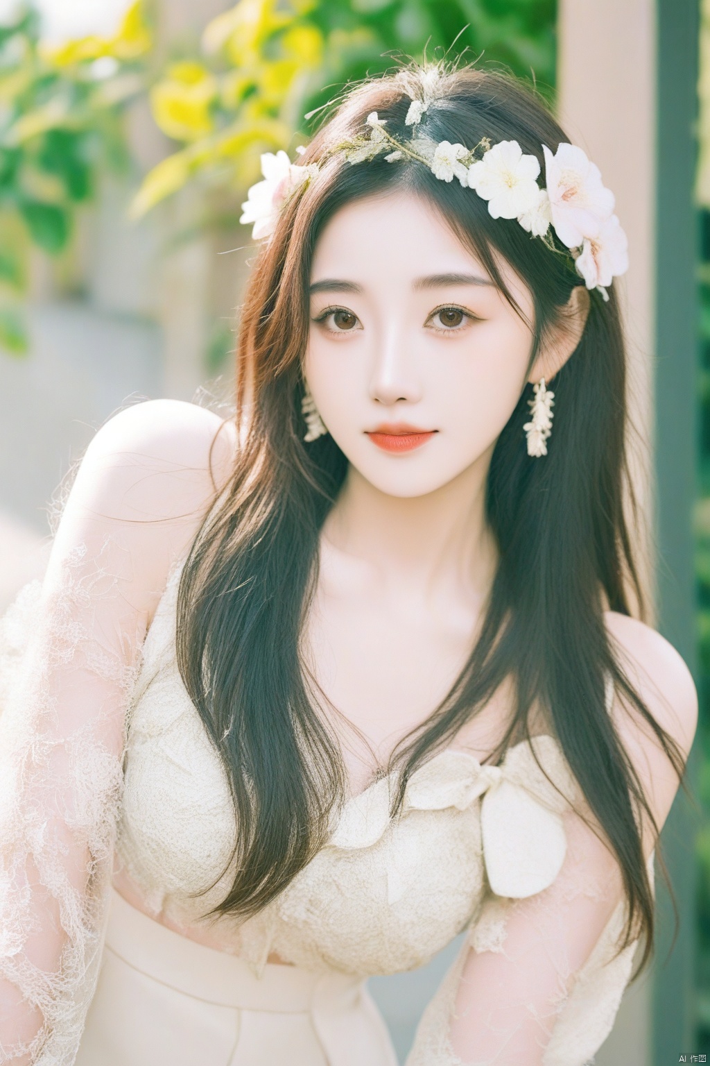 A young Asian woman wearing a flower wreath