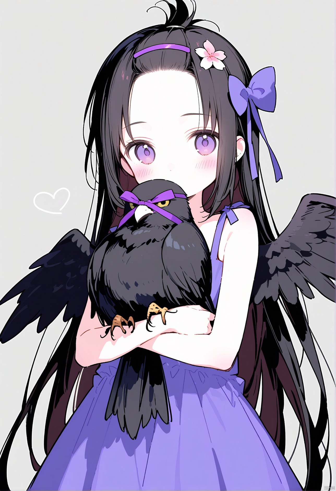 High Elite loli 1girl long hair solo bangs pinned back black hair black wings dress happy birthday wings purple eyes purple dress looking at viewer covered mouth hair ornament feathered wings hair bow bow very long hair forehead covering own mouth ribbon purple ribbon hair flower flower grey background purple bow hugging tail hands up bird wings hair ribbon english text upper body animal holding blue ribbon entangled simple background sleeveless dress bird cowboy shot string,