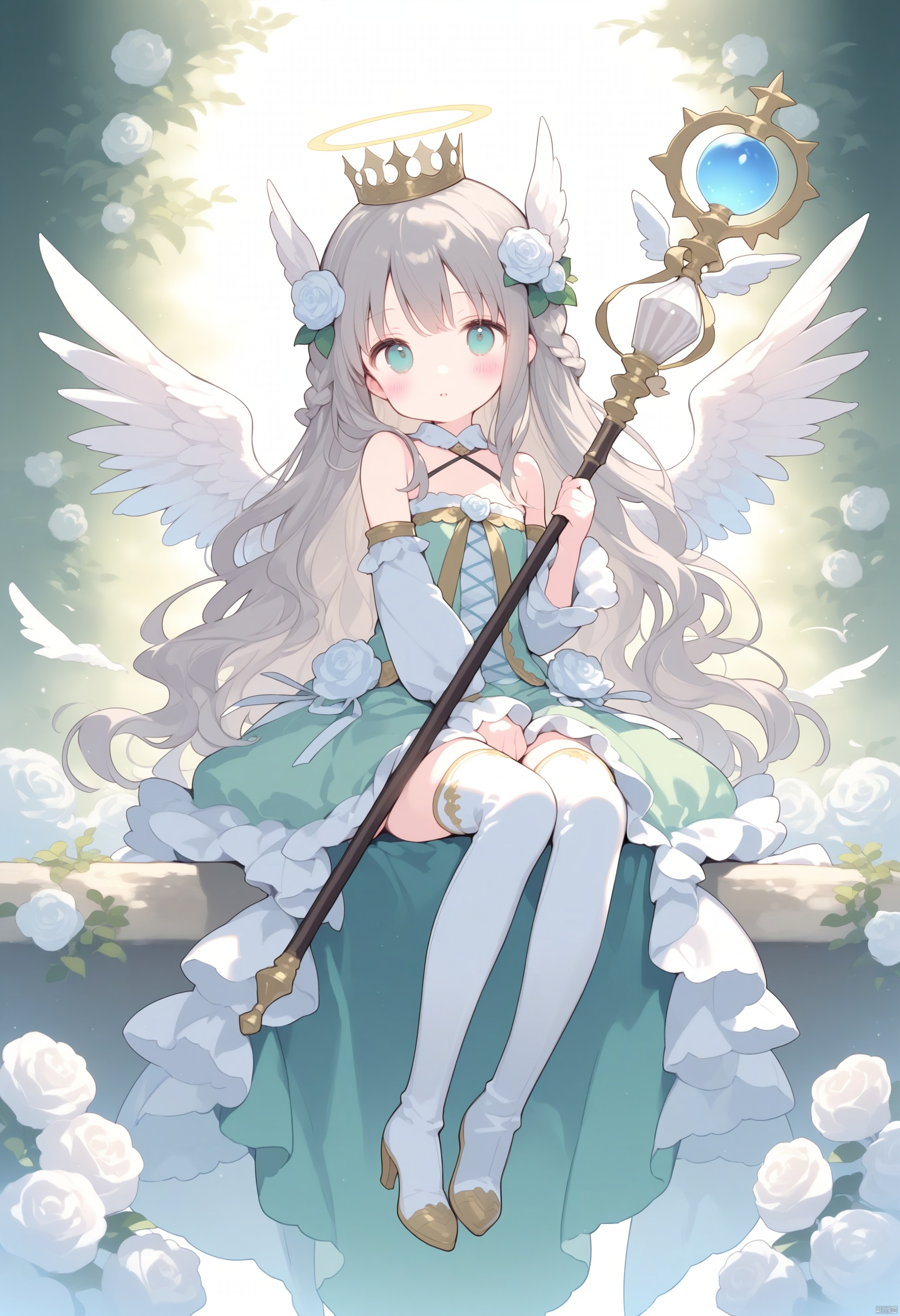 loli,1girl,wings,solo,long hair,flower,staff,sitting,hair flower,multiple wings,head wings,hair ornament,boots,angel wings,angel,high heels,thigh boots,looking at viewer,grey hair,dress,thighhighs,white wings,feathered wings,blue eyes,fantasy,aqua eyes,rose,high heel boots,scepter,wavy hair,white flower,white rose,braid,full body,between legs,halo,very long hair,green dress,holding staff,long legs,parted lips,between thighs,shoes,white footwear,detached sleeves,green eyes,crown,bare shoulders,