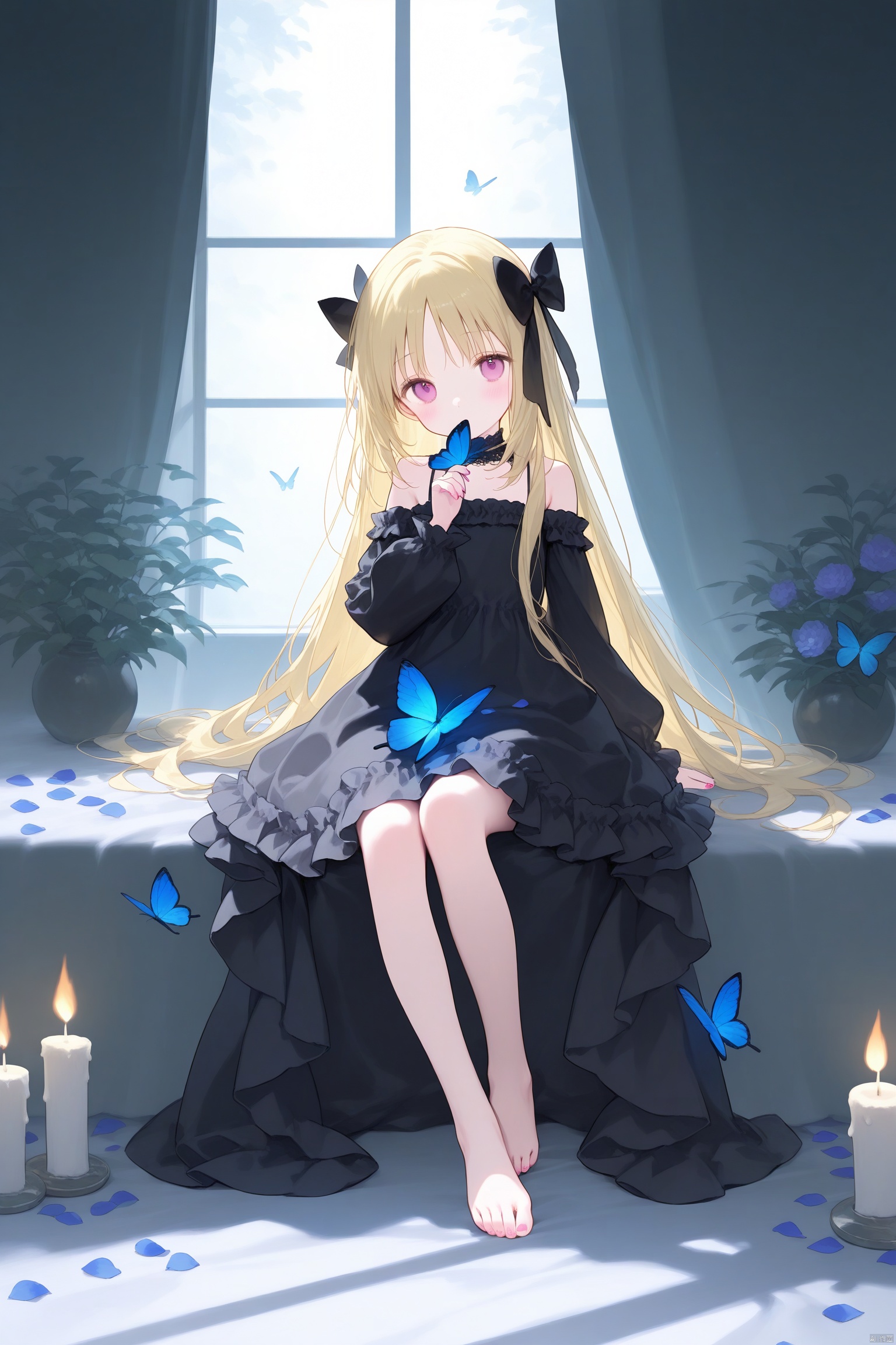 unreal,sunlight,backlighting,glowing,loli,petals,shadow,light,figure light,dream,unreal,Blur,float light, amazing quality, very aesthetic, absurdres,Dundar effect,flowers covering half of the painting,delicate plant details,petite girl,dream, soul, (fluorescence), (flying translucent blue butterfly) masterpiece,best quality,high quality,(colorful),loli, a painting of a woman with long blonde hair, wearing a black dress adorned with a black bow on her head. She is Lying in dark gray bed, the scene is filled with butterflies her hands resting on her lap. Her eyes are a piercing blue, and her hair is a light shade of pink. Her dress is adorned with black ruffles, adding a touch of charm to her outfit. The wings of the butterfly are a vibrant shade of purple, while the rest of the dress is a darker shade of black, creating a striking contrast against the dark background.solo, long hair, looking at viewer, bangs, long sleeves, dress, bow, bare shoulders, sitting, purple eyes, hair bow, frills, barefoot, indoors, pink eyes, nail polish, black dress, feet, bare legs, black bow, toes, frilled dress, bug, butterfly, pink nails, knee up, toenails, toenail polish, candle,High,Elite,