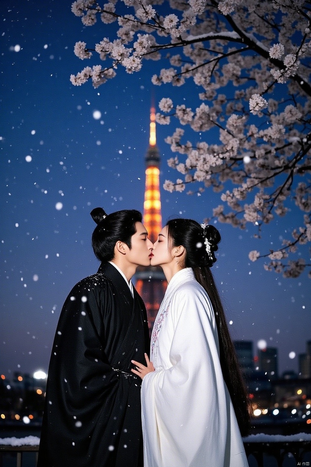 Captured at eye-level, a man and a woman are kissing in front of a cherry blossom tree. The man, dressed in a black kimono, is kissing the woman's forehead. The woman, wearing a white dress, has long brown hair tied up in a ponytail. The sky is a deep blue, and the Eiffel tower is visible in the background. The tree is adorned with white flowers, adding a touch of color to the scene.