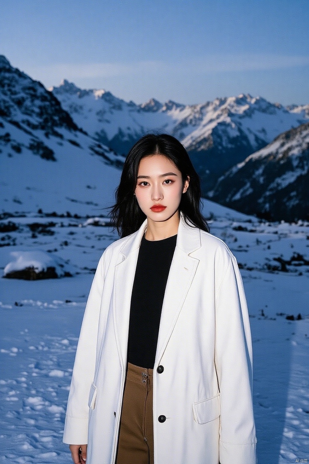 Captured at eye-level, a medium-sized Asian woman stands in front of a backdrop of snow-covered mountains. She is dressed in a white trench coat, a black t-shirt, and brown bottoms. Her hair is pulled back in a ponytail, and she's sporting a bold red lipstick. Her eyes are a piercing blue, and her lips are a deep red. Her shadow is cast on the right side of the image, adding a touch of depth to the scene.