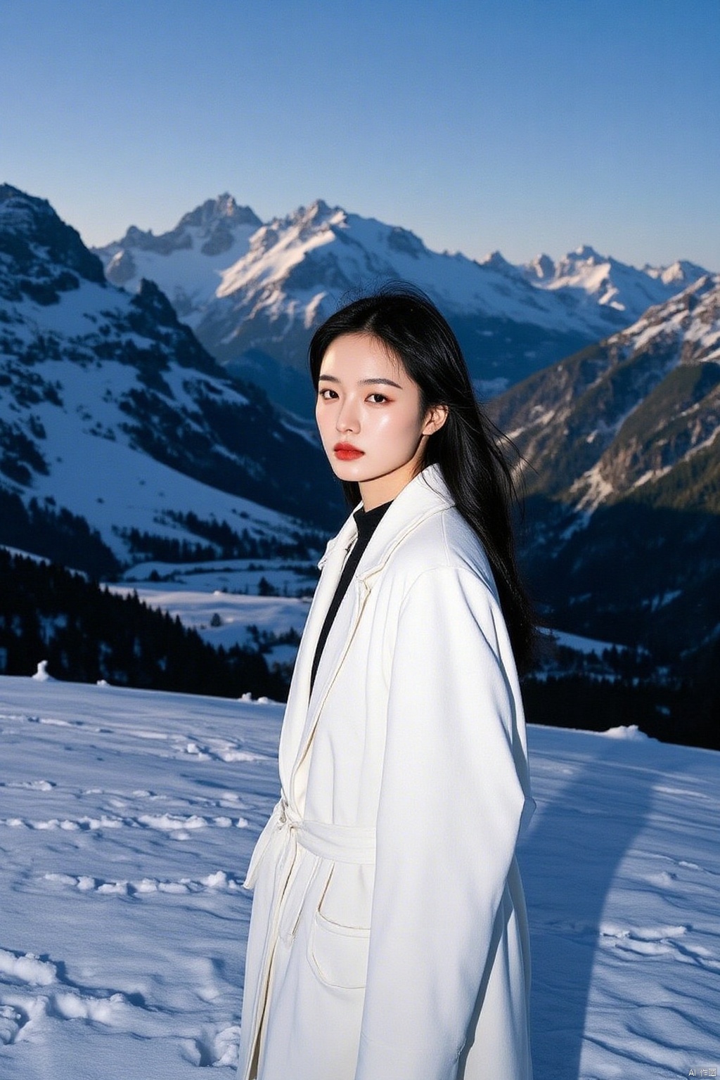 Captured at eye-level, a medium-sized Asian woman stands in front of a backdrop of snow-covered mountains. She is dressed in a white trench coat, a black t-shirt, and brown bottoms. Her hair is pulled back in a ponytail, and she's sporting a bold red lipstick. Her eyes are a piercing blue, and her lips are a deep red. Her shadow is cast on the right side of the image, adding a touch of depth to the scene.,Film photography