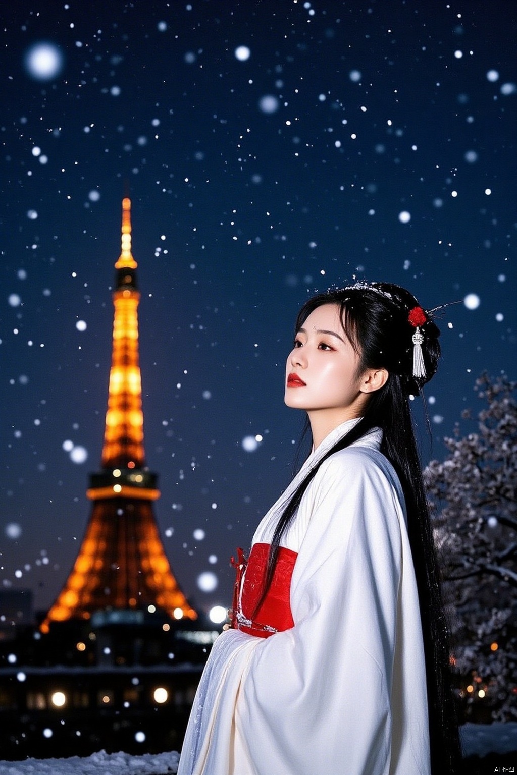 A serene Japanese woman, donning a stunning white kimono with a vibrant red belt, stands majestically in front of the Eiffel Tower's iconic iron latticework. Her dark hair is styled in a sleek bun, and her eyes are closed in contemplation as her lips shimmer with deep red lipstick. The kimono's intricate design features a delicate white tassel and a bold red bow. Her left hand elegantly drapes over her shoulder, while her right hand rests confidently on her hip. Against the velvety darkness of the blue night sky, dotted with tiny white stars, this enchanting scene exudes a sense of peaceful wonder.