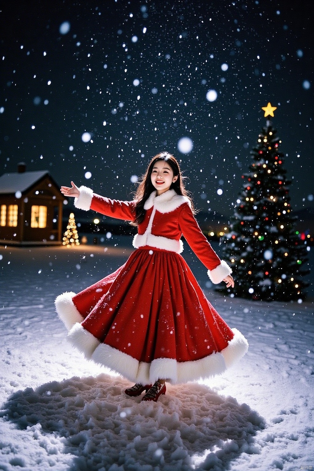 A stunning Asian girl in a festive Christmas dress, twirling amidst the snowflakes, set against a charming backdrop of a small wooden cottage, a towering Christmas tree, and colorful bubbles floating gently into the air. The soft glow of twinkling lights casts a warm ambiance, as she spins with joy, her bright smile radiating amidst the winter wonderland.