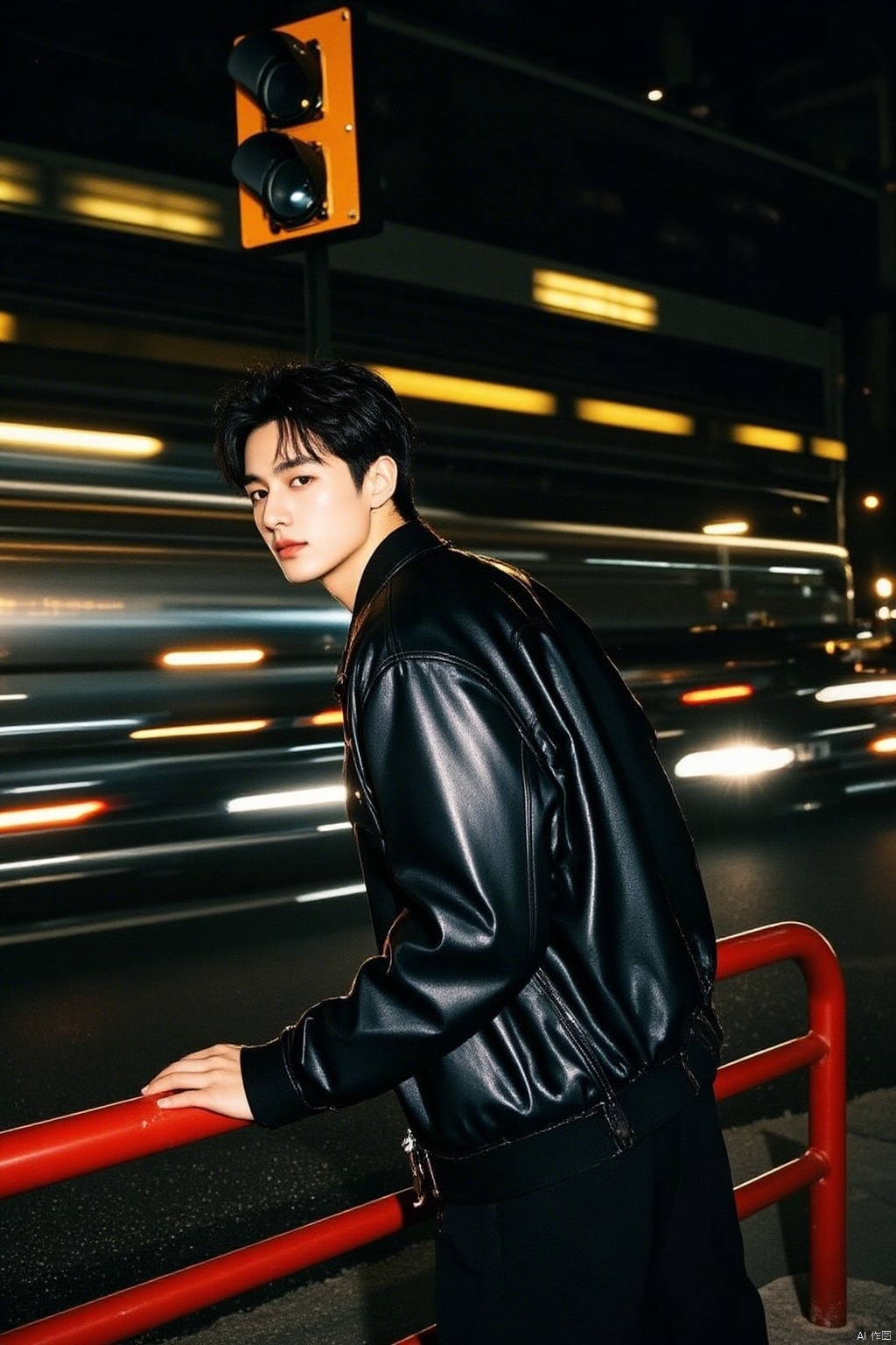 Captured at eye-level, a medium-sized Asian man, dressed in a black leather jacket and black pants, stands on a city street at night. He is leaning on a red metal railing, his right arm resting on the railing, and his left hand resting on his hip. The backdrop is blurred, suggesting a fast moving train, and a traffic light, adding a pop of color to the scene.