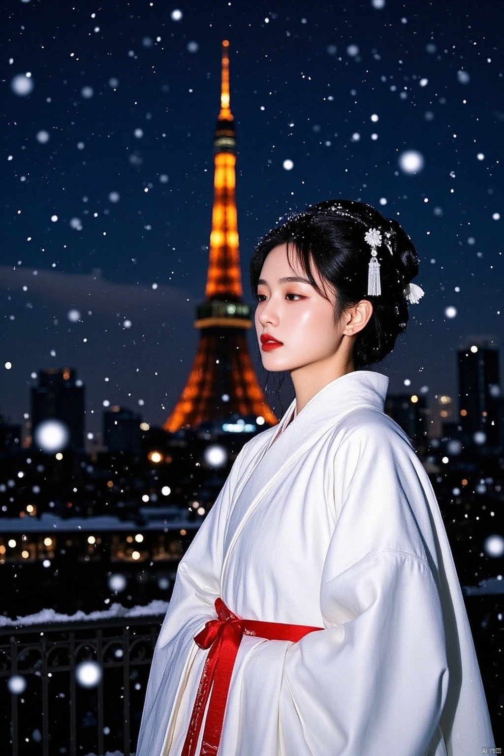 A serene Japanese woman, donning a stunning white kimono with a vibrant red belt, stands majestically in front of the Eiffel Tower's iconic iron latticework. Her dark hair is styled in a sleek bun, and her eyes are closed in contemplation as her lips shimmer with deep red lipstick. The kimono's intricate design features a delicate white tassel and a bold red bow. Her left hand elegantly drapes over her shoulder, while her right hand rests confidently on her hip. Against the velvety darkness of the blue night sky, dotted with tiny white stars, this enchanting scene exudes a sense of peaceful wonder.