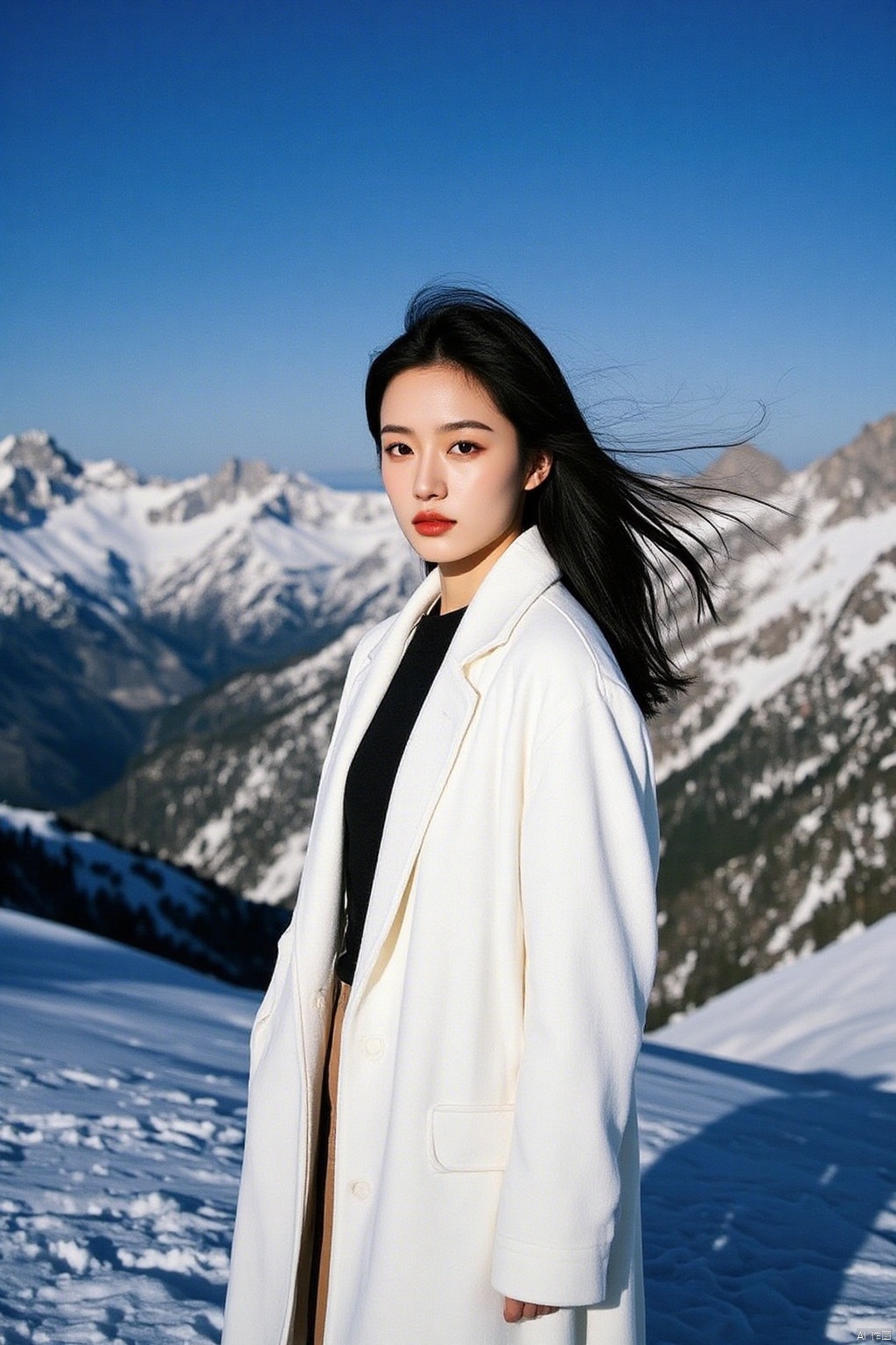 Captured at eye-level, a medium-sized Asian woman stands in front of a backdrop of snow-covered mountains. She is dressed in a white trench coat, a black t-shirt, and brown bottoms. Her hair is pulled back in a ponytail, and she's sporting a bold red lipstick. Her eyes are a piercing blue, and her lips are a deep red. Her shadow is cast on the right side of the image, adding a touch of depth to the scene.,Film photography