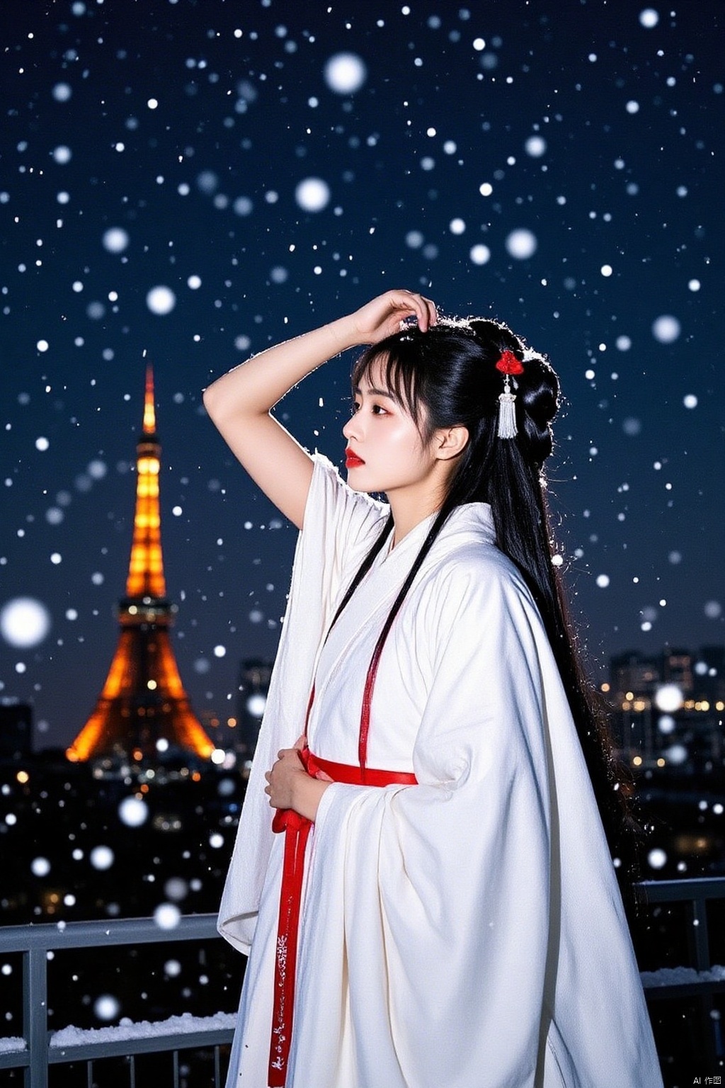 a Japanese woman stands in front of the Eiffel tower. She is dressed in a white kimono with a red belt around her waist. Her hair is pulled back in a bun. Her eyes are closed and her lips are painted a deep red color. Her dress is adorned with a white tassel and a red bow. Her left hand is draped over her left shoulder. Her right hand is resting on her hip. The background is a deep blue, dotted with white dots, adding a touch of contrast to the scene.