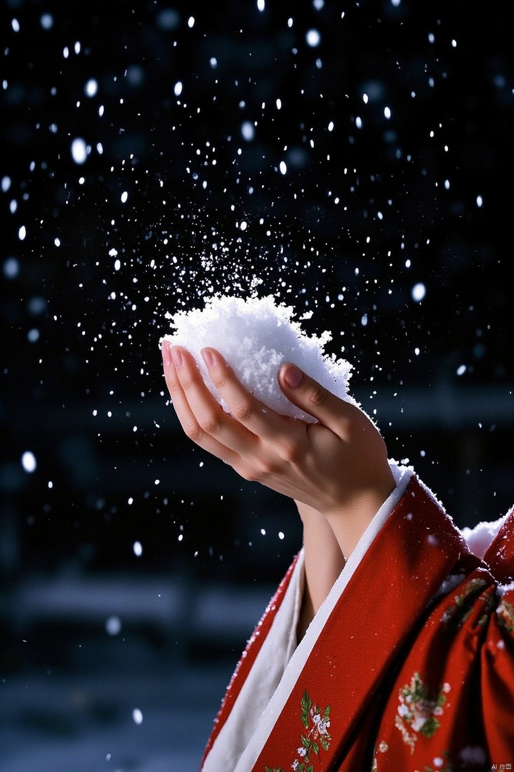 a woman in a red kimono is holding a white fluffy ball of snow in her right hand. The woman's left hand is positioned in front of her face, adding a touch of warmth to the scene. The background is a deep black, creating a stark contrast to the white snow that is soaring in the air.