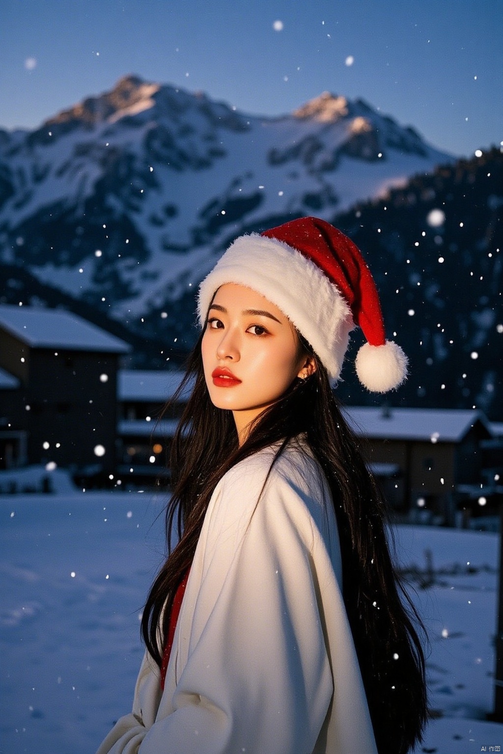 A festive woman, adorned with a Santa hat, stands amidst winter wonderland scenery. Framed from a low angle, her figure dominates the composition, as snow-capped mountains rise behind her. Softbox lighting casts gentle shadows on her features, highlighting the bold red lipstick and piercing blue eyes. The rustic backdrop adds warmth to the scene, while her shadow on the right creates depth. Developed with film photography's unique aesthetic.