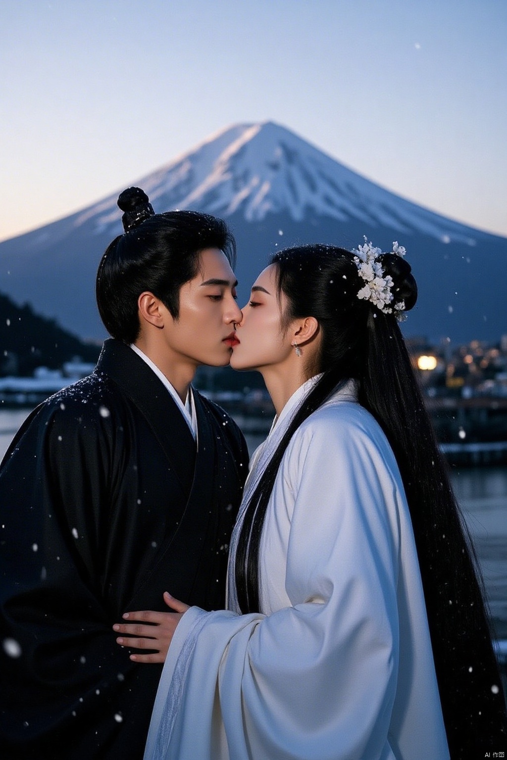 Captured at eye-level, a man and a woman are kissing each other in front of a backdrop of a mountain. The man is dressed in a black kimono with a white shirt underneath. The woman is wearing a black headdress with white flowers in her hair. Her hair is pulled back in a ponytail. The mountain is covered in snow, adding a touch of warmth to the scene.