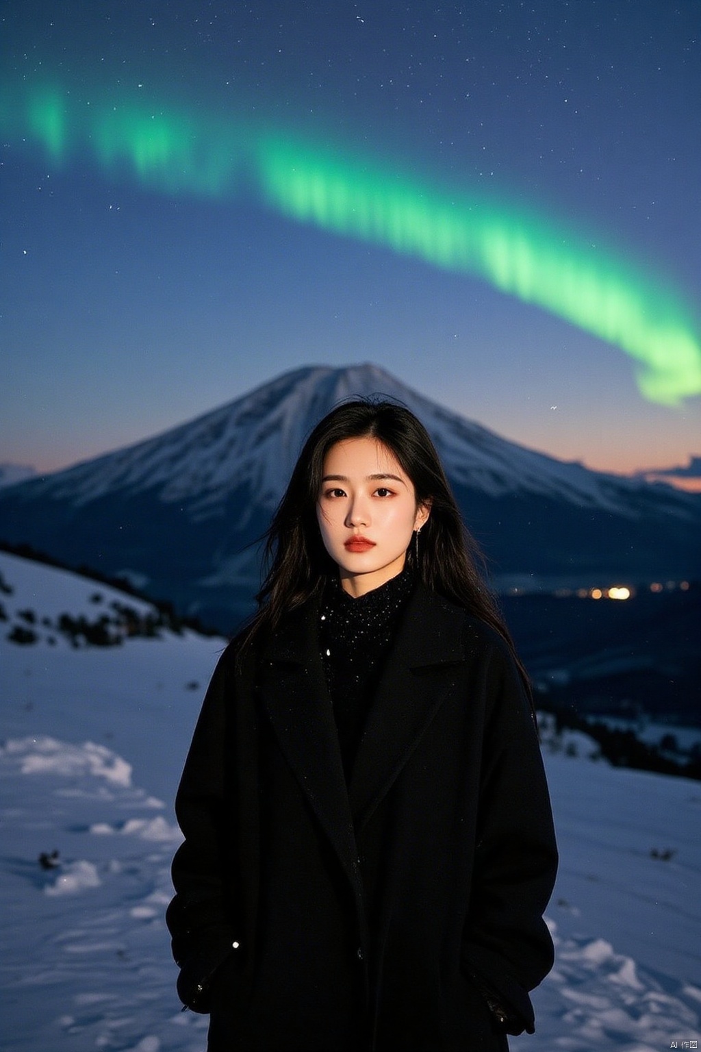 a medium-sized Asian woman stands in front of a backdrop of snow-covered mountains. She is dressed in a black coat, adorned with a black scarf and earrings. Her hair is long and cascades down her shoulders. The sky is a deep blue, dotted with white stars, and a rainbow can be seen in the upper left corner of the frame, adding a pop of color to the scene.