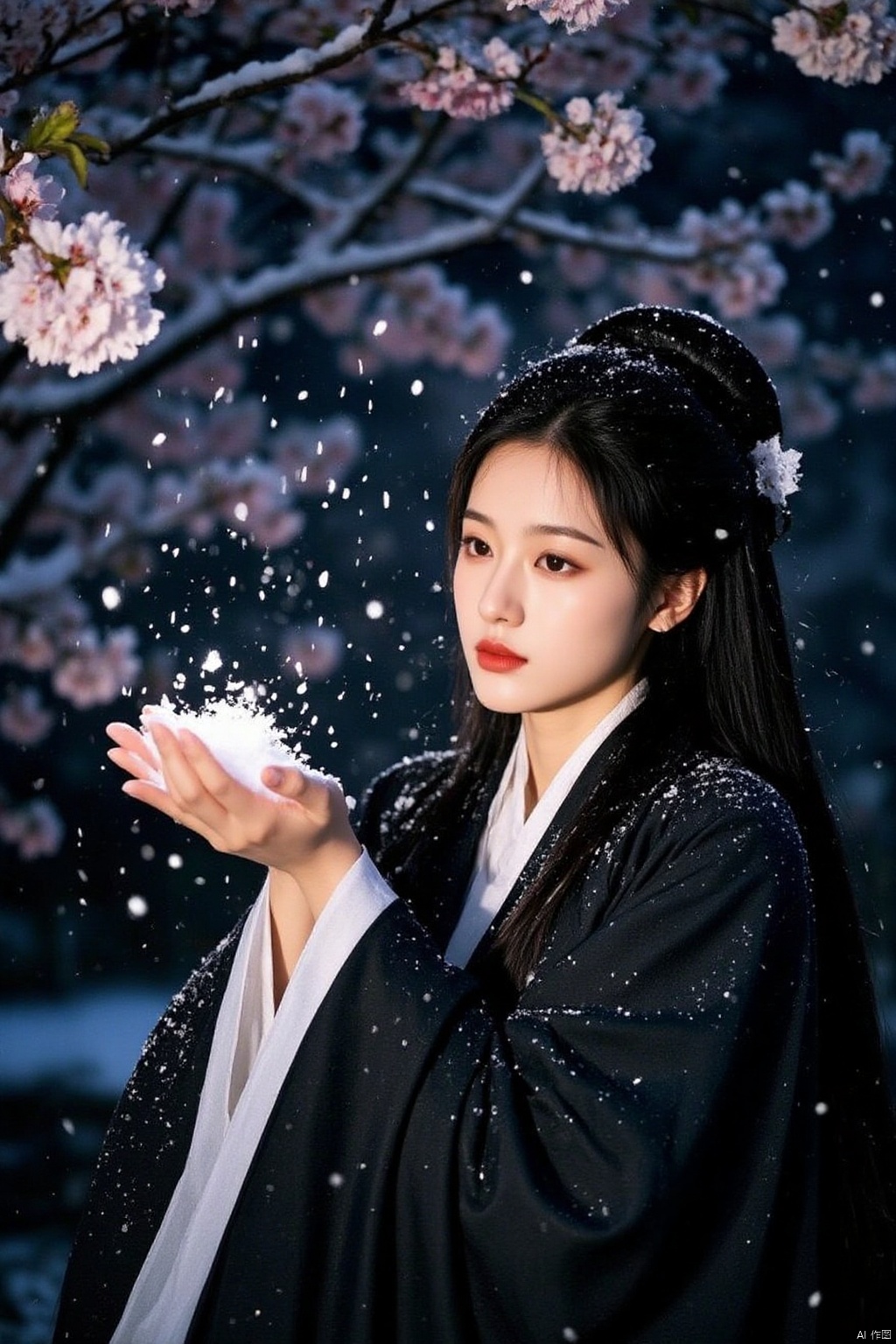 a young Asian woman, dressed in a black kimono with a white shirt underneath. She is holding a white snow ball in her left hand, adding a touch of warmth to her face. Her hair is pulled back, cascading down to her right. Her eyes are a deep brown, and her lips are painted a deep red. The backdrop, a cherry blossom tree, is adorned with white cherry blossoms, creating a stark contrast to her black background.